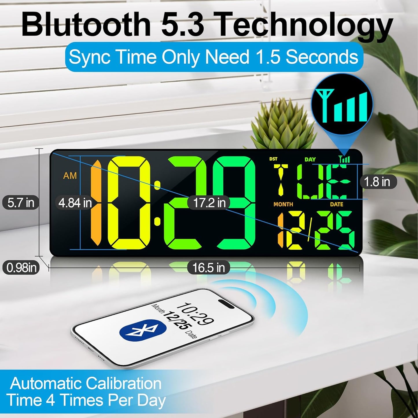 CYMHCHL Large Digital Wall Clock 17.2" Bluetooth Auto Time Sync Led Digital Clock Large Display 11 RGB Colors Auto-Dimming/DST Big Timer with Remote Control for Living Room Classroom Decor Garage Gym
