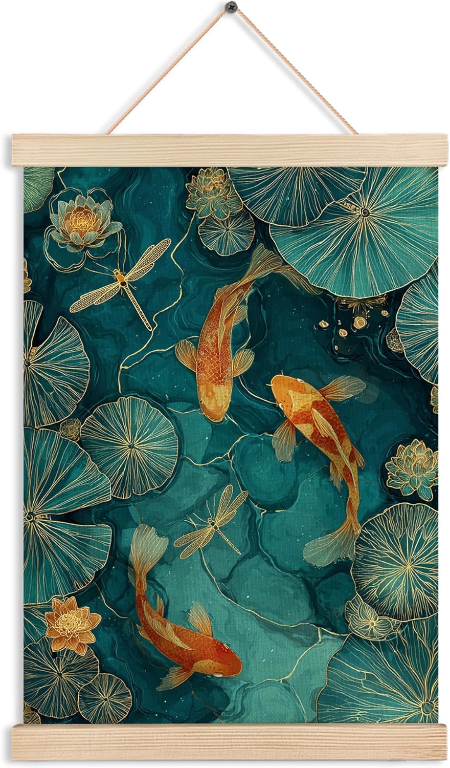 AJIPUX Japanese Koi Fish Zen Wall Art Decor, Traditional Oriental Asian Elegant Emerald Green Pond Koi Fish Wall Hanging Canvas for Office Home Bedroom Meditation Yoga Spa Room Decoration, 12x16 Inch