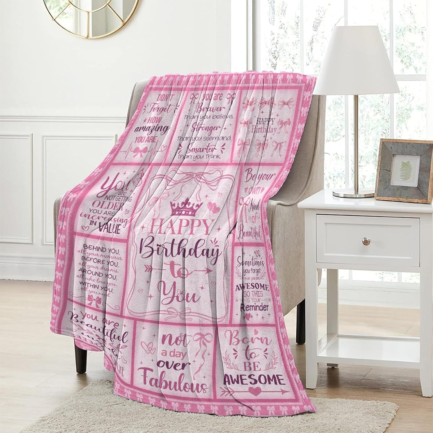 Pink Bow Birthday Gifts for Women Girls Throw Blanket 50"x60", Happy Birthday Decorations for Womens Pink, Gifts for Women Bday Unique, Womens Birth Day Gift Ideas for Her Teen Girl Sister Friend