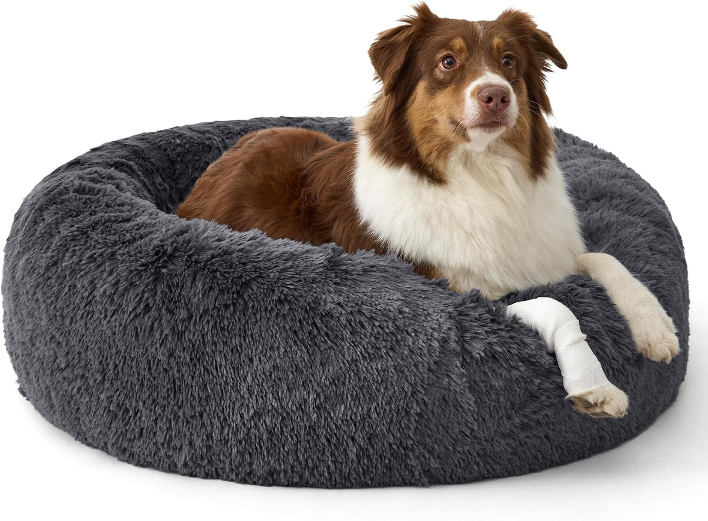 Bedsure Calming Dog Beds Large Sized Dog - 36in Donut Washable Large Pet Bed,Anti-Slip ＆Removable Cover,420GSM Round Anti-Anxiety Fluffy Plush Faux Fur Bed, Fits up to 80 lbs Pets,Plus Version