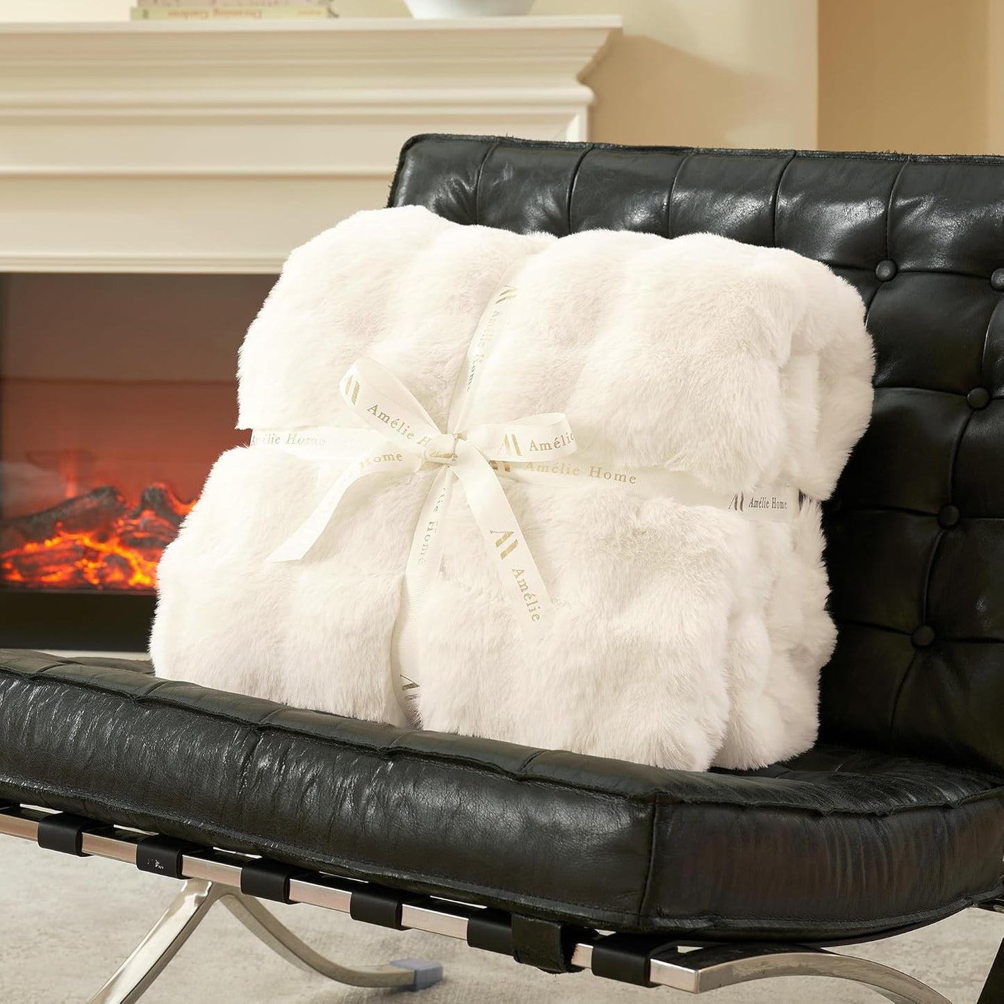 Amélie Home Faux Fur Throw Blanket for Bed, Ultra Soft Fuzzy Plush Bubble Blanket for Bedroom & Bed Decor, 108"x90", Cream White