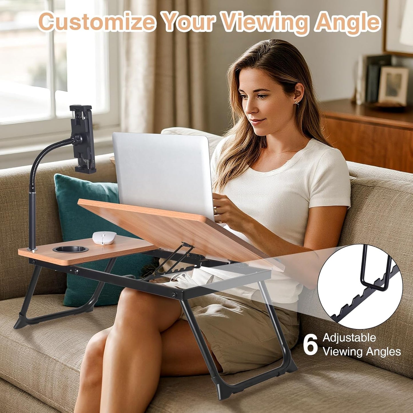 wishacc Lap Desk for Bed, Laptop Desk with Adjustable Tablet Stand, Sturdy Metal Frame Bed Desk, Foldable Laptop Bed Tray Table for Adults Couch Sofa, Portable Lap Desk for Laptop & Phone Slot