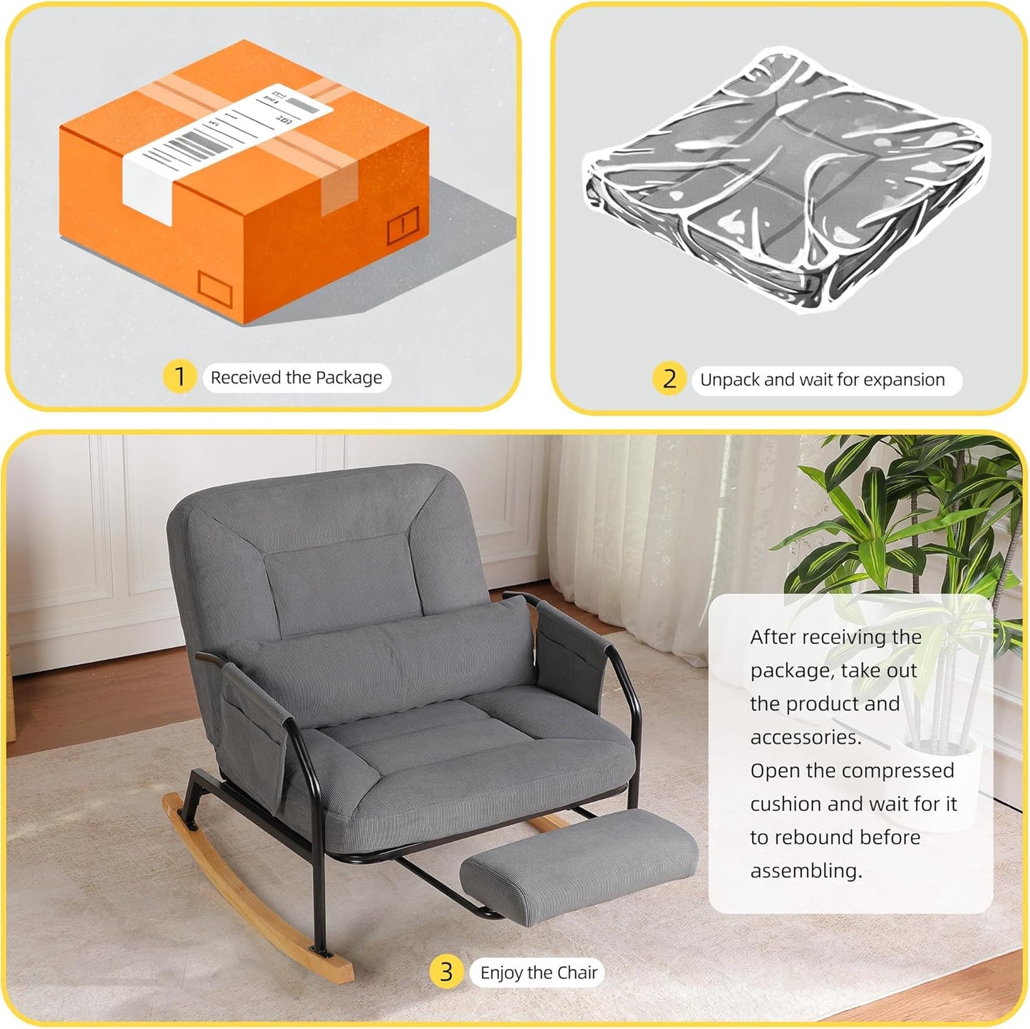 Oversized Reclining Rocking Chair with Foot Rest, 110°–160° Adjustable Backrest, Upholstered Armchair with Side Pocket for Nursery and Living Room, Grey