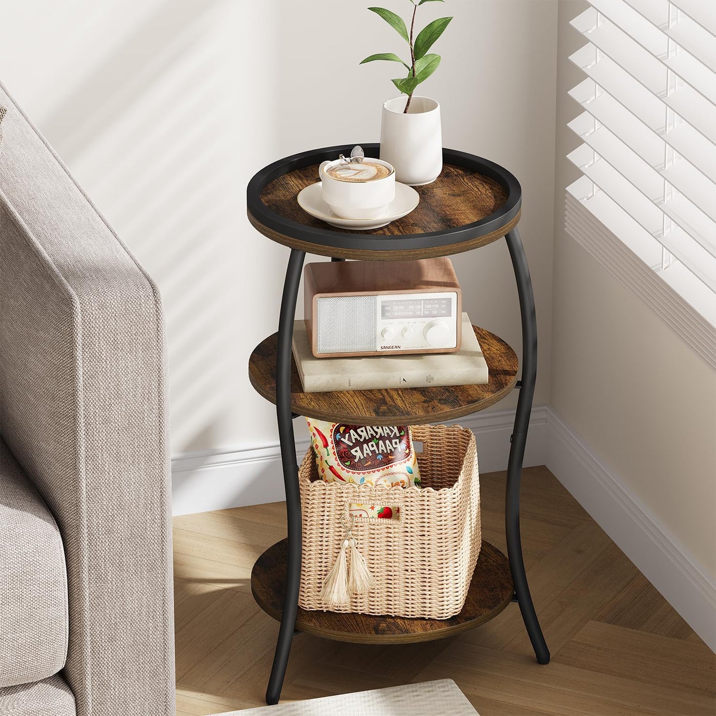 YINMIT Small Round Side Table, 3 Tier Slim Waist End Table with Anti-Tip Edge Guard, Compact Nightstand for Bedroom, Round Corner Accent Table for Small Spaces Living Room Sofa Couch