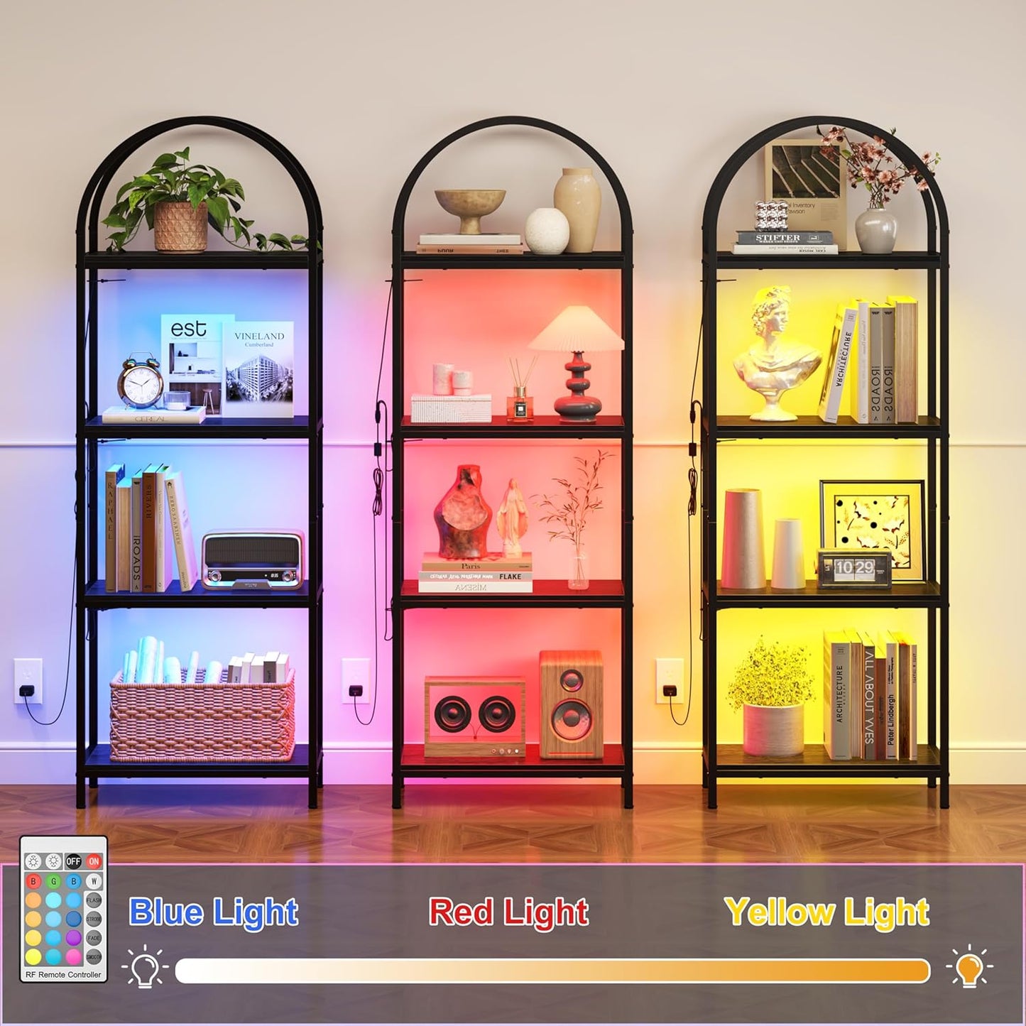 Yusong LED Bookshelf 4 Tier Arched Bookcase, 71.3" Tall Industrial Open Book Shelves for Living Room, Modern Freestanding Display Storage Rack with Metal Frame, Office, Bedroom, Black