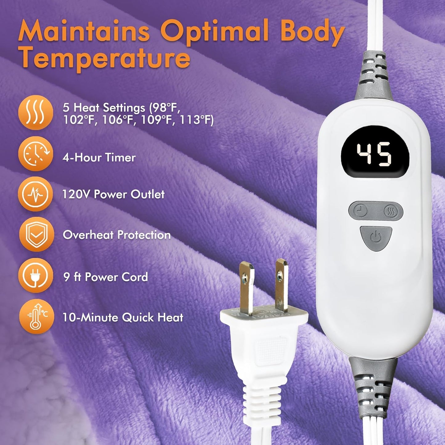 Tirrinia Wearable Heated Blanket with Sleeves, Cozy Sherpa & Fleece Electric Throw with 5 Heat Levels & Timer, Warm Snuggle Blanket for Sofa, Bed, Office, Winter Gift, Purple
