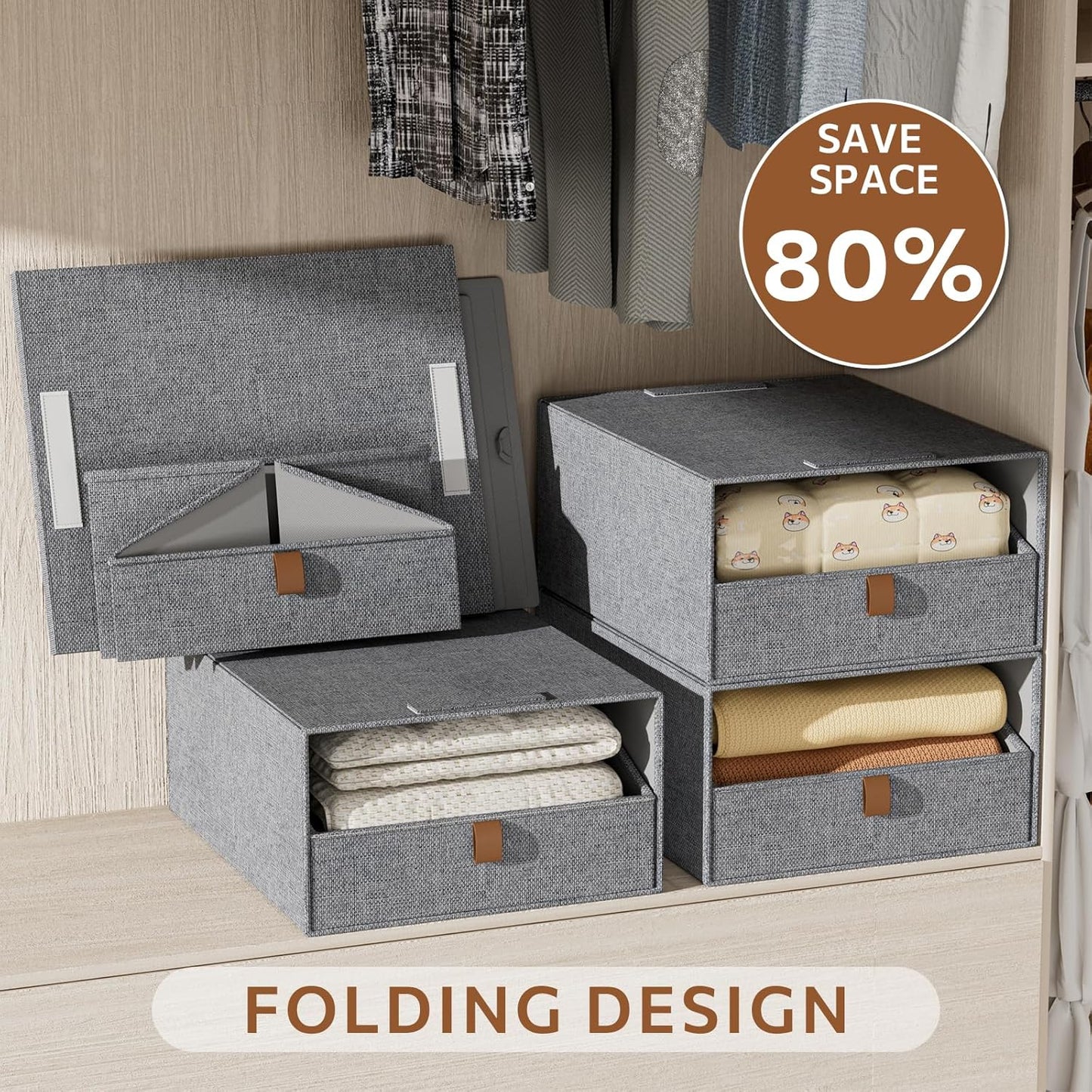 4-Pack Storage Bins with Drawers Large Closet Organizers and Storage Stackable Fabric Clothes Storage Box Collapsible Closet Drawers Organizer for Bedroom Living Room Under Bed (Deep Grey, 21L*4)