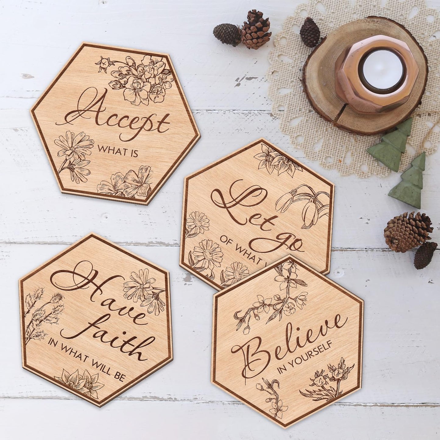CHDITB Bathroom Wall Art Set of 4: 'Let Go', 'Have Faith', 'Accept', 'Inspirational' Wooden Signs, Rustic Floral Farmhouse Hanging Signs for Home, Spa Decoration - 8.7"x8.9"