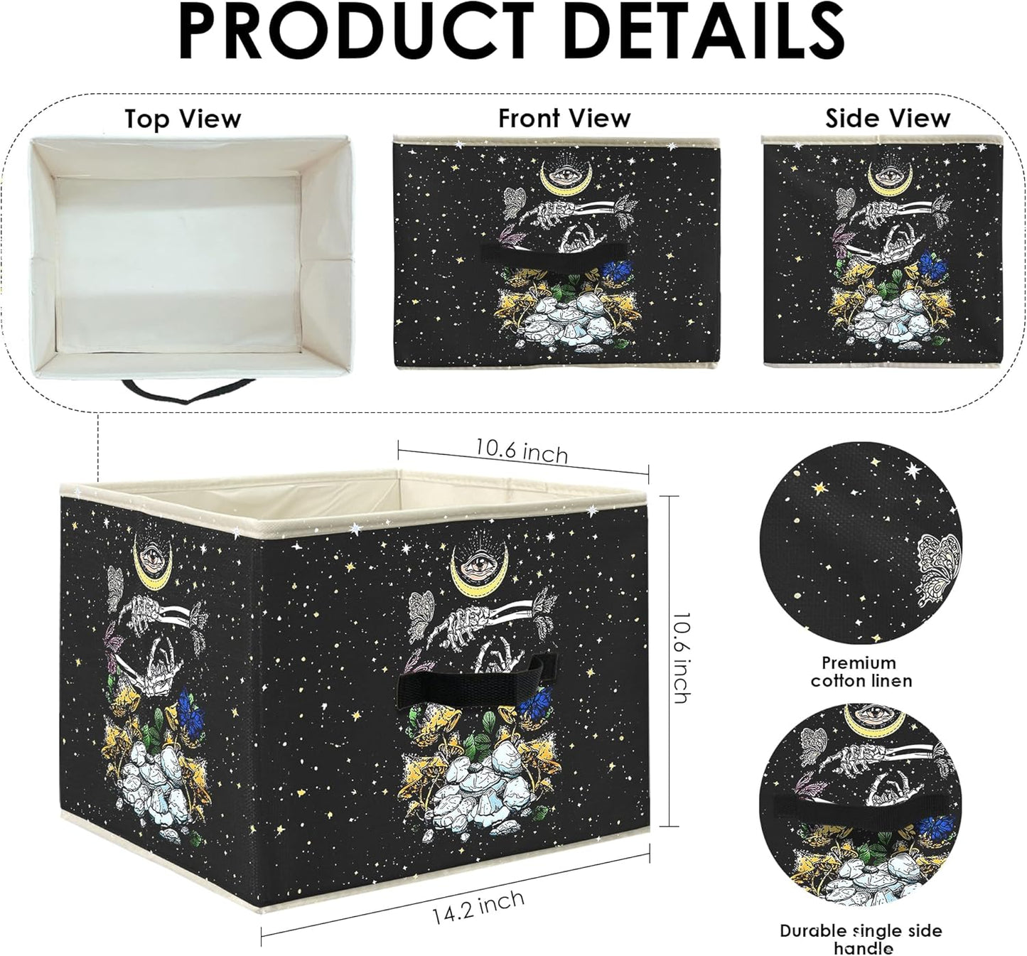 Knibeo Gothic Skull Mushroom Moon Fabric Storage Bins for Shelves Closet, Skeleton Butterfly Tarot Gothic Aesthetic Collapsible Cube Baskets Organizer for Clothes Books Toys