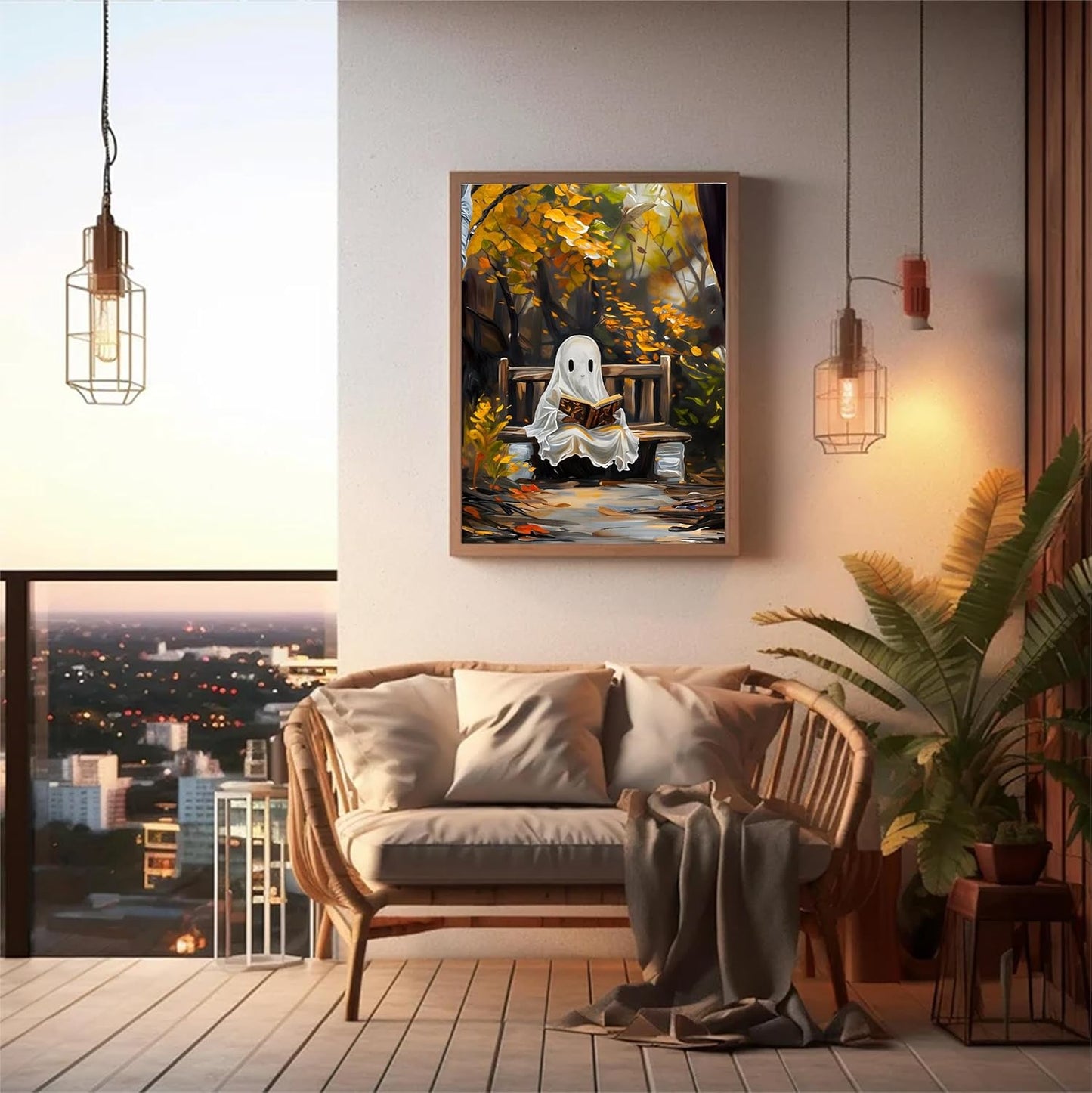 Vintage Halloween Ghost Canvas wall art Funny Cute Ghost Reading Book Painting Pictures wall decor Gothic Dark Whimsical Aesthetic Posters Prints for Bedroom Living Room Scene Home Decoration Unframed