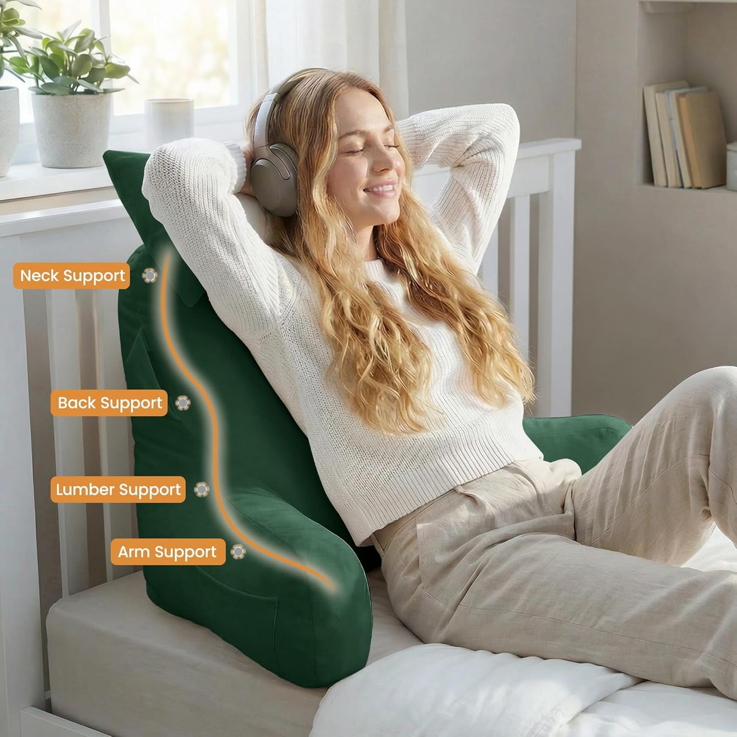 Portable Reading Pillows with Headrest for Bed Sitting Up(Green Oeko-Tex), Velvet Back Pillow with Arms & Pockets for Adults, Support Memory Foam Bed Pillow for Dorm/Reading/Watching/Gaming