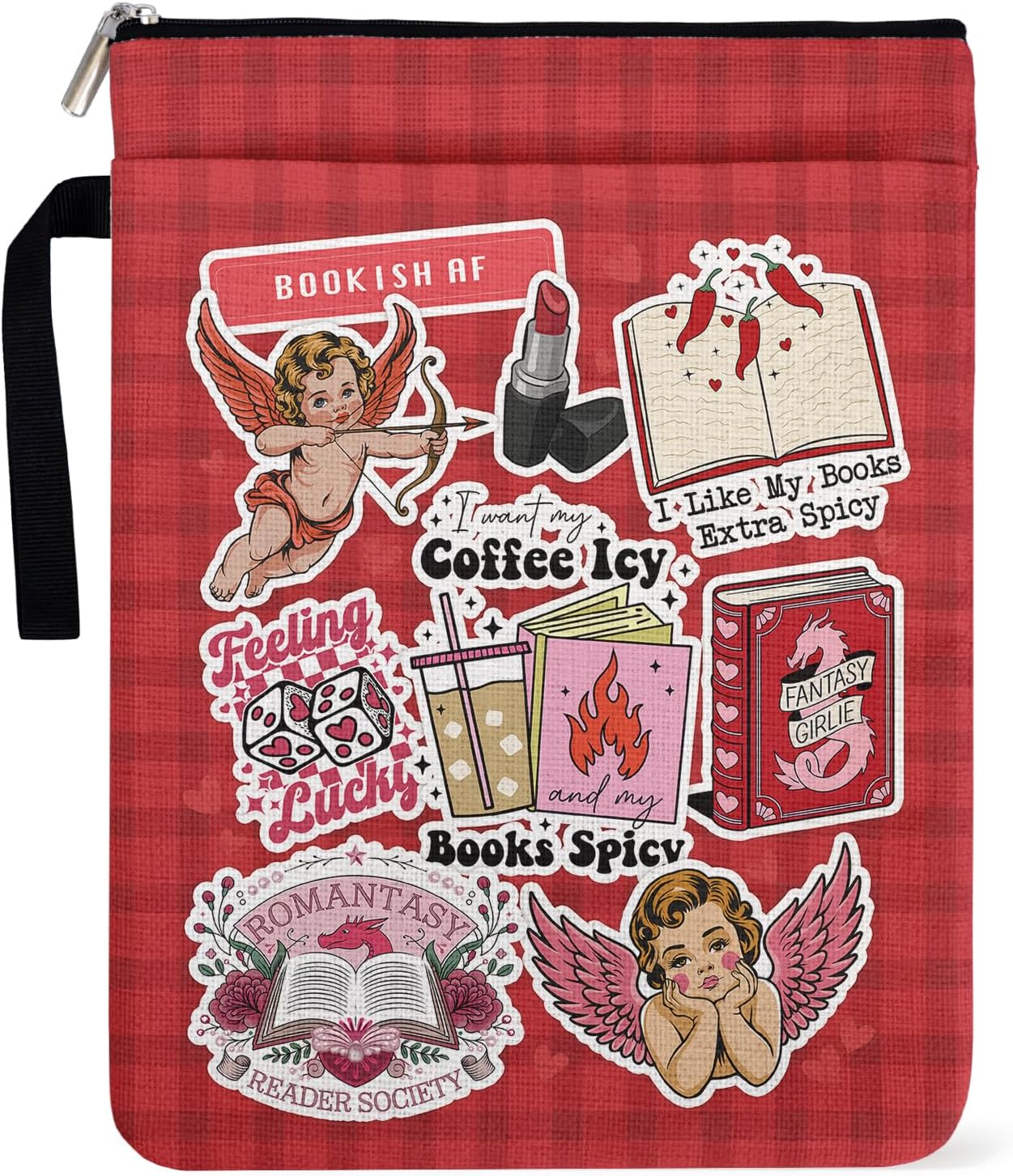 Y2K Book Sleeve Pouch Gifts for Women, Red Checkered Collage Style Book Covers for Paperbacks, Reading Accessories for Friends Book Lovers Reader Bookish Group Club with Pocket Handle