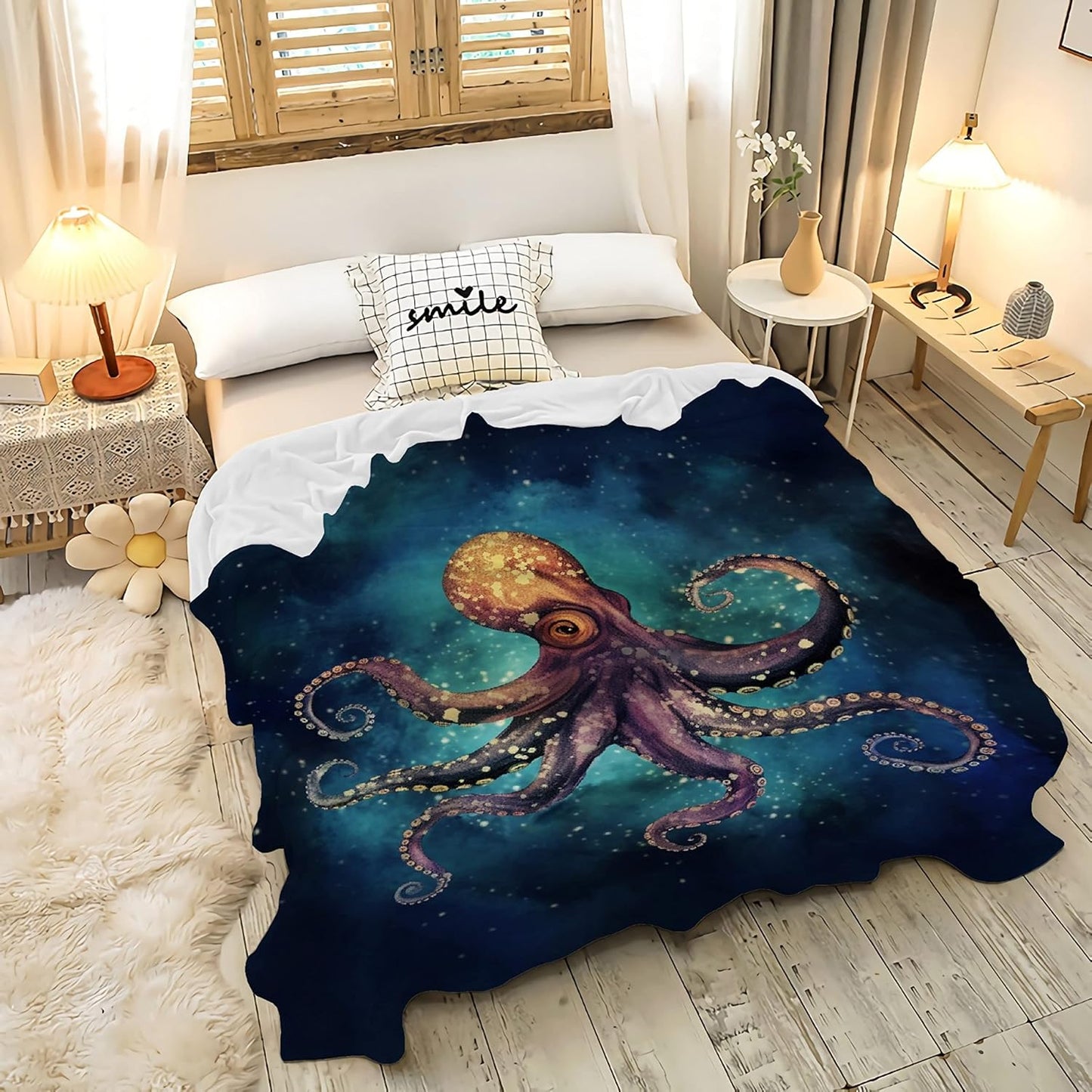 Octopus Fleece Throw Blanket Lightweight Super Soft Flannel Bed Blanket Perfect Home Decor for Couch Chair Sofa Living Room 80"X60" Large