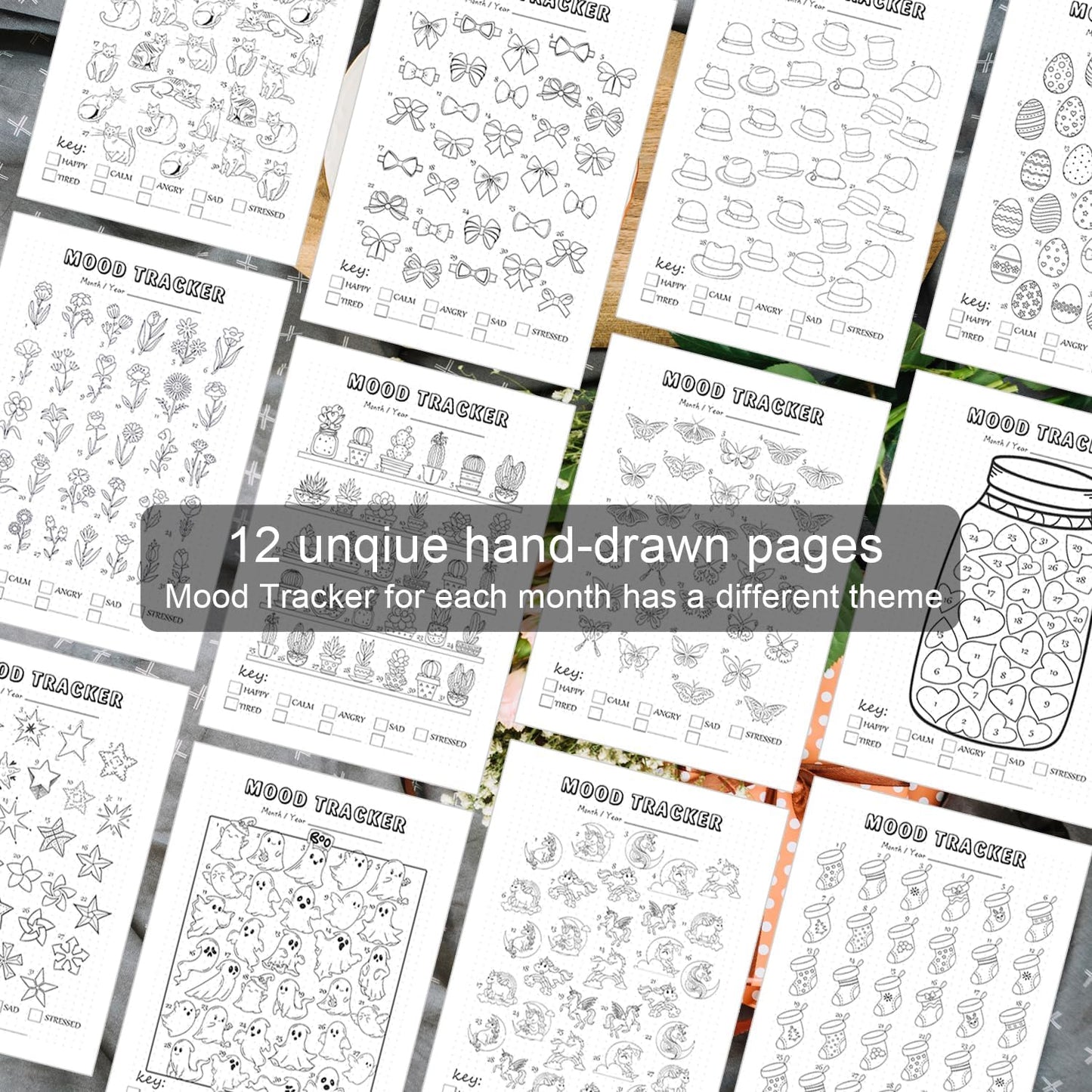 Premade Bullet Style Notebook with Undated Weekly & Monthly Planner, Dotted Journal with Pre-made Bullet Planner Stencils, Dot Grid Journaling with Habits & Mood Tracker, 12 Month Organization, A5