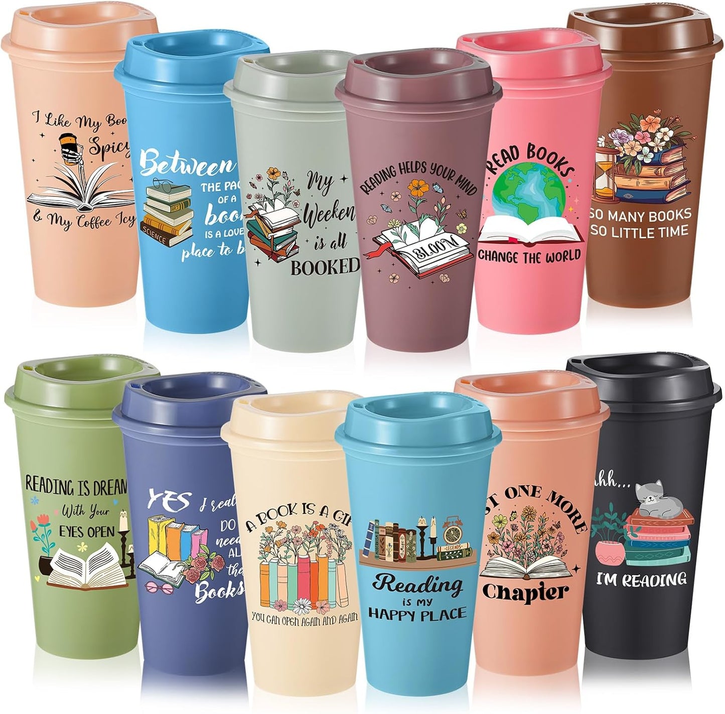 12 Pcs Book Lovers Gifts Bulk, 16oz Library Reading Theme Coffee Cups with Lids, Book Club Appreciation Gifts for Bookish Teacher Students Employee (Morandi)