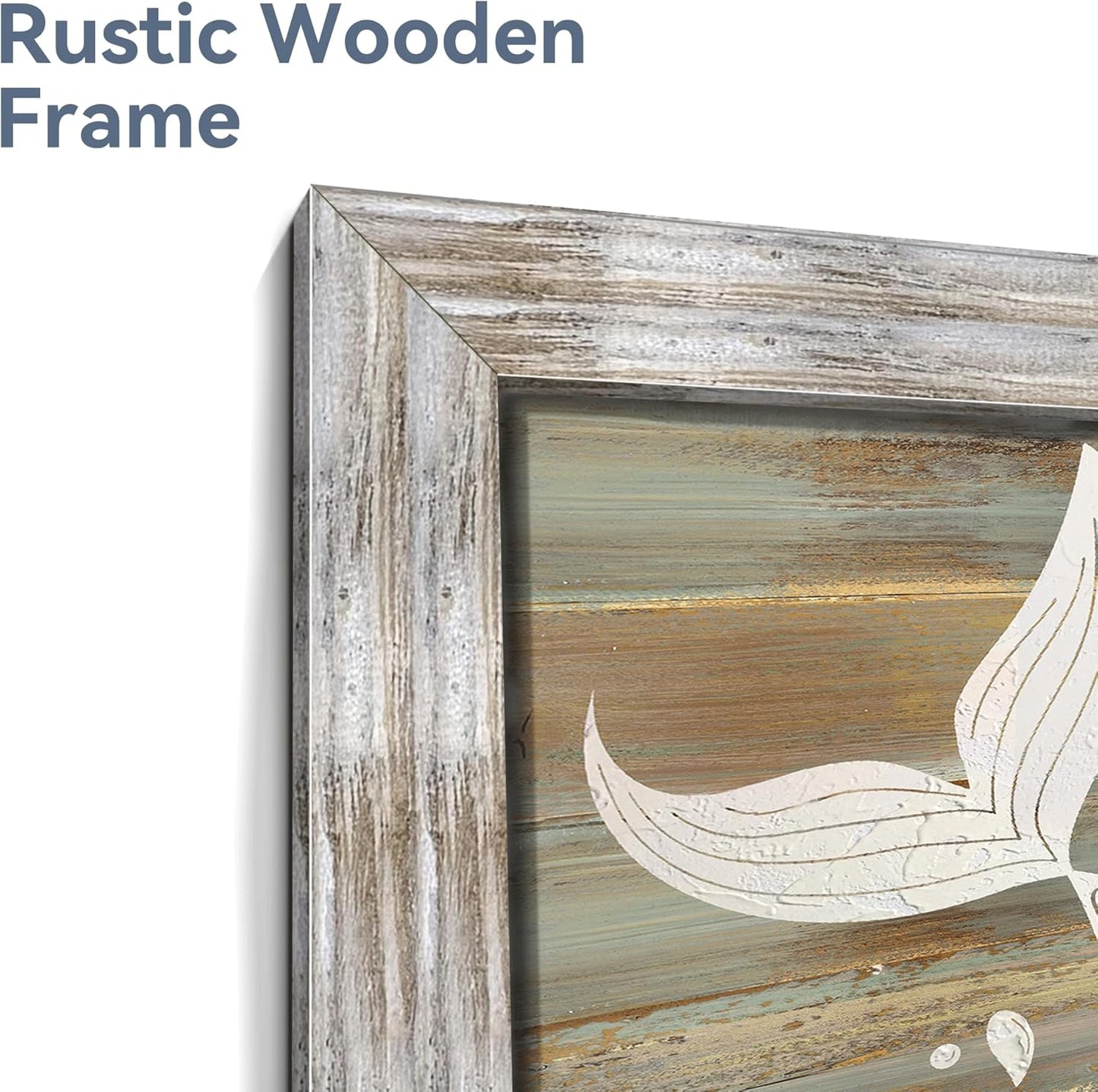 Mermaid Tail Wooden Wall Art: Rustic Framed Coastal Painting Wood Decor Vintage Beach Artwork Seashell Starfish Picture Prints for Bathroom Bedroom