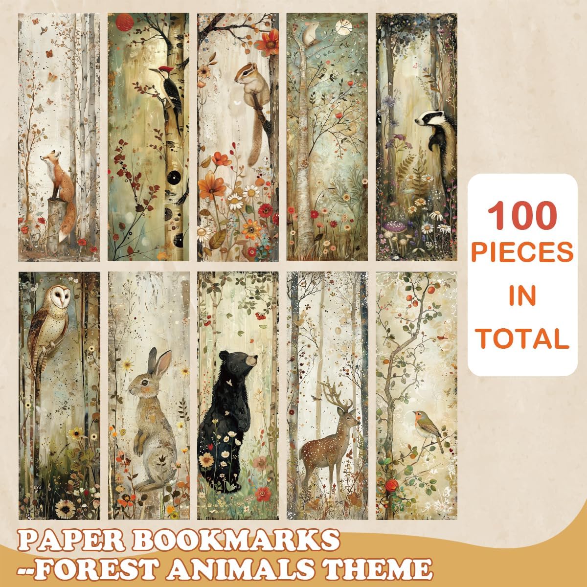 Woodland Animal Bookmarks Gifts - 100 Pcs Bulk Paper Bookmark Set for Reading Women Men, Cute Forest Theme Book Marks with Animal Designs