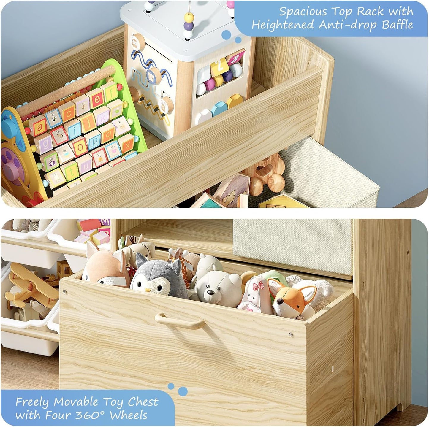 Toy Storage Organizer for Kids, 9-Bin Toy Organizer with 2-Drawers, Movable Toy Chest and Top Rack, Multifunctional Kids Bookshelf and Toy Storage for Playroom, Bedroom, Nursery, White