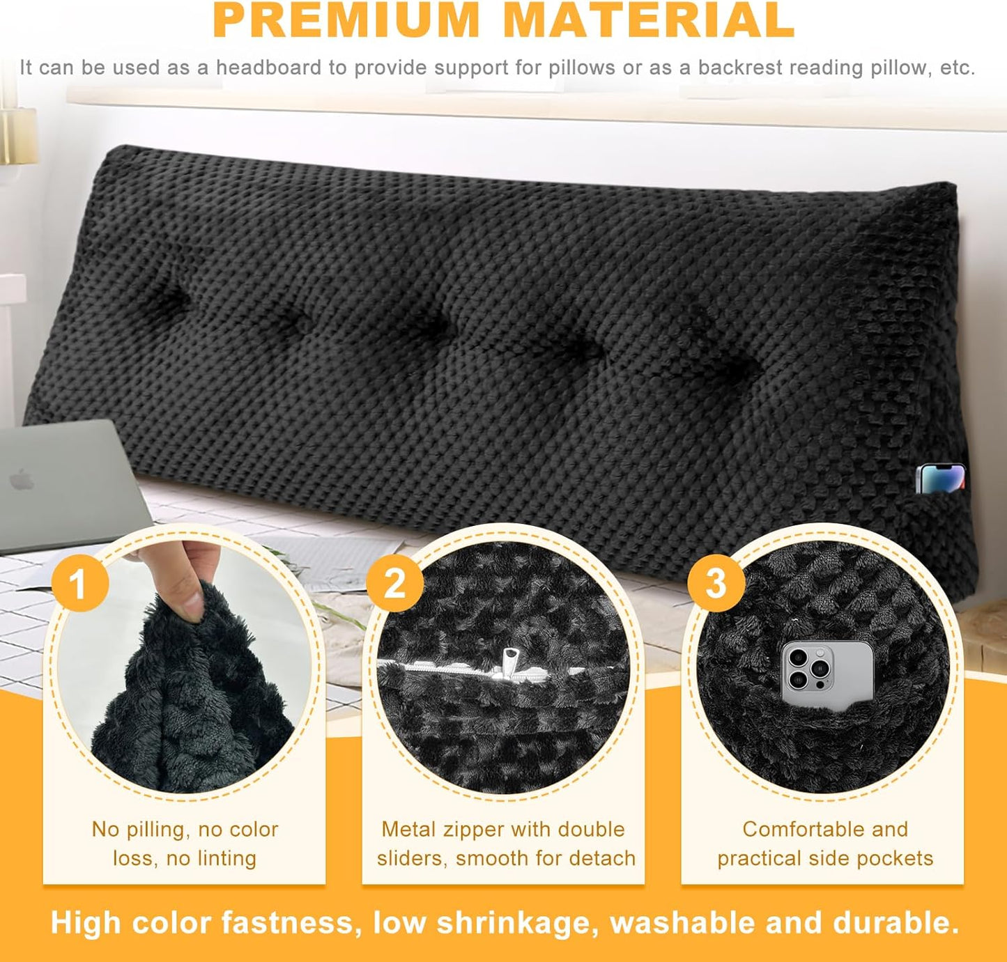 Large Triangular Headboard Wedge Pillow Soft and Supportive Headboard Backrest Positioning Support Bolster Cushion, Bed Wedge Pillow with Removable Cover(Black,Twin,39x8x20inch)