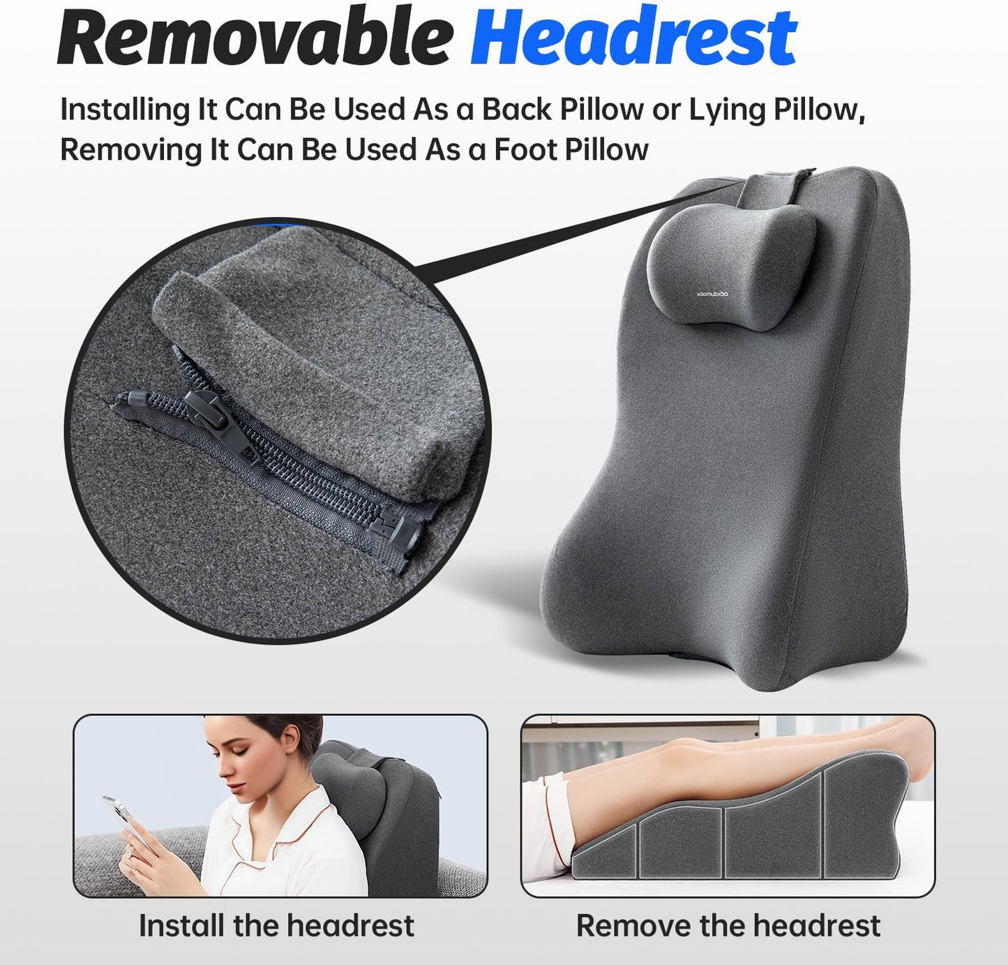 Reading Pillow, Lumbar Support Pillow for Couch, Sofa Bed Support, Bed Pillow for Sitting up,Ergonomic Memory Foam Pillow for Acid Reflux & Back Discomfort, with Removable Cover Gray