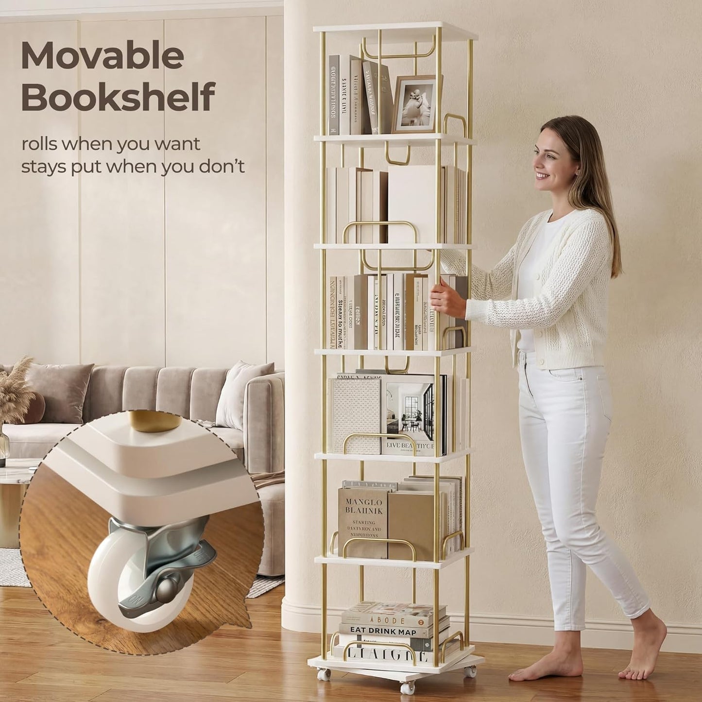 Rotating Bookshelf, 6 Tier Tall Skinny Revolving Bookcase Tower White Gold Modern Book Shelves Narrow Book Shelf with Wheels, 360° Floor Corner Spinning Bookcases for Living Room Bedroom