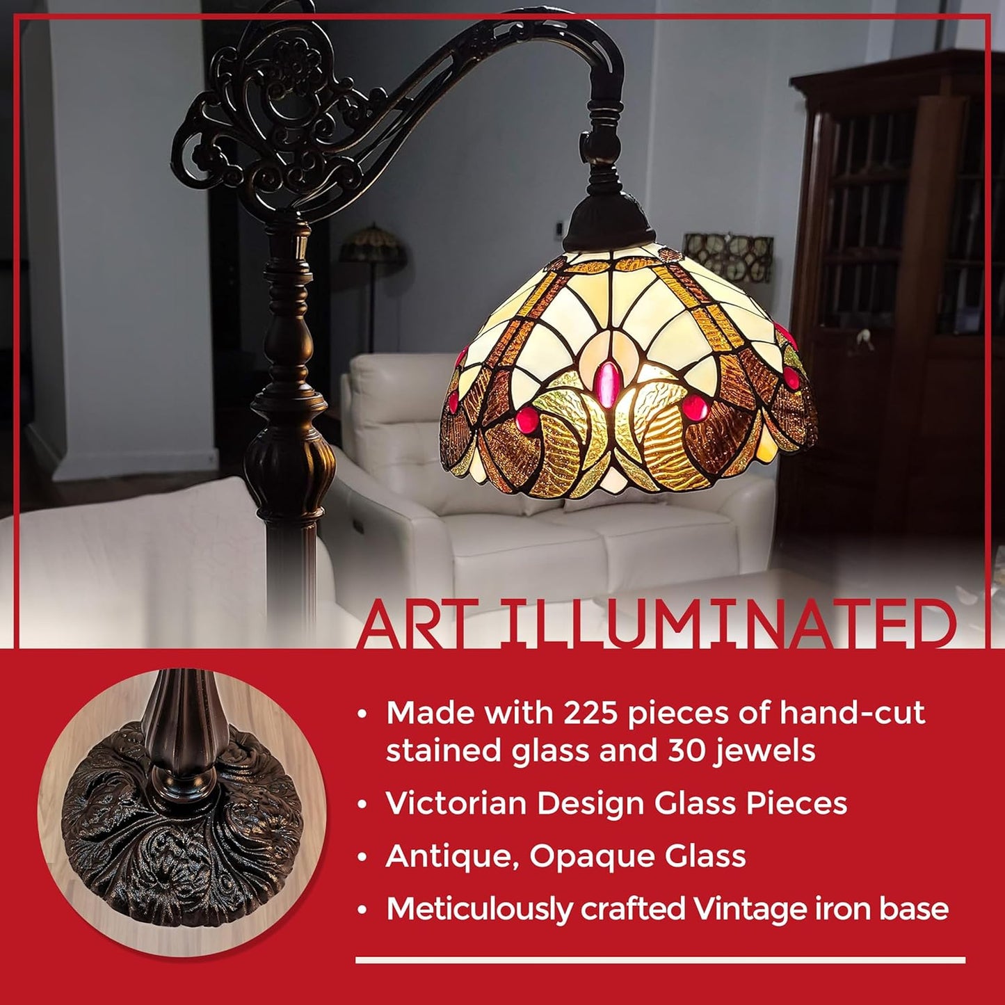 Amora Tiffany Style Floor Lamp Arched Vintage Antique 62" Tall Stained Glass Brown Red Tan Traditional Light Decor Bedroom Living Room Reading Gift AM344FL12 Lighting