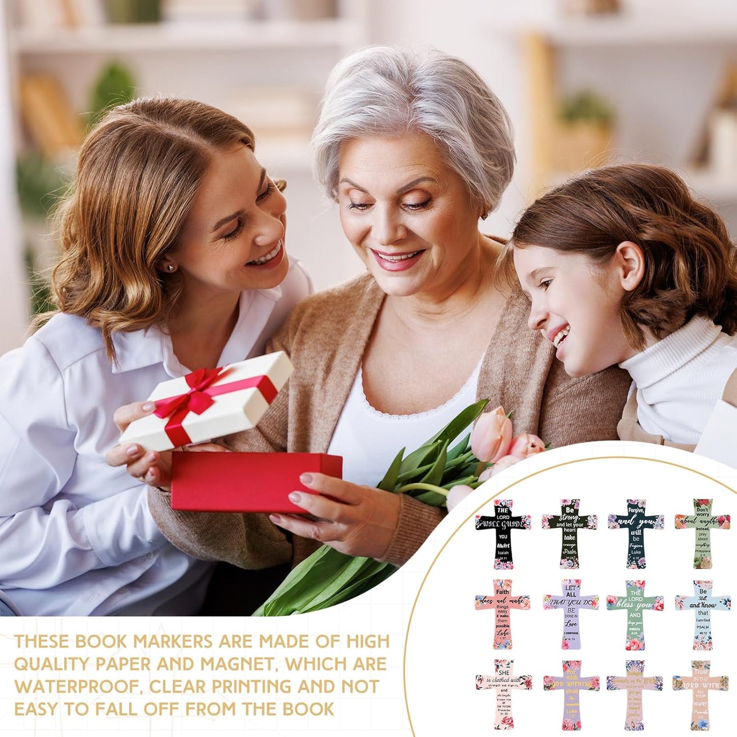 48 Pcs Magnetic Bookmarks Christian Cross Magnetic Page Markers Religious Bible Verses Bookmarks for Mother's Day Women Student Church Study Group Graduation Coworker Team (Flower)
