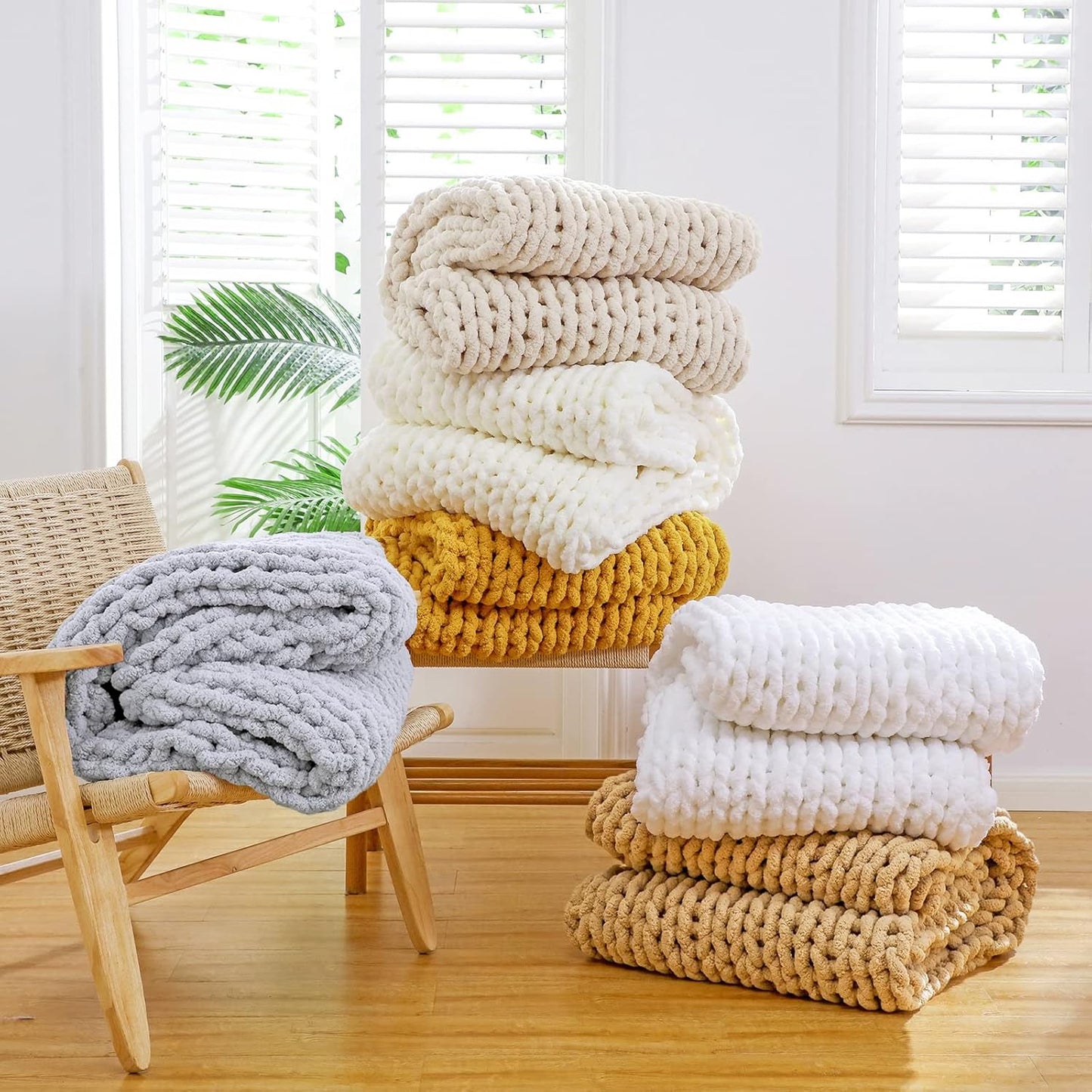 YAAPSU Chunky Knit Throw Blanket for Couch, 51"x63", 100% Hand Knitted Thick Cable Knit with Cozy Jumbo Chenille Yarn, Soft Large Rope Knot Crochet Blankets for Sofa Bed Living Room Décor, Beige