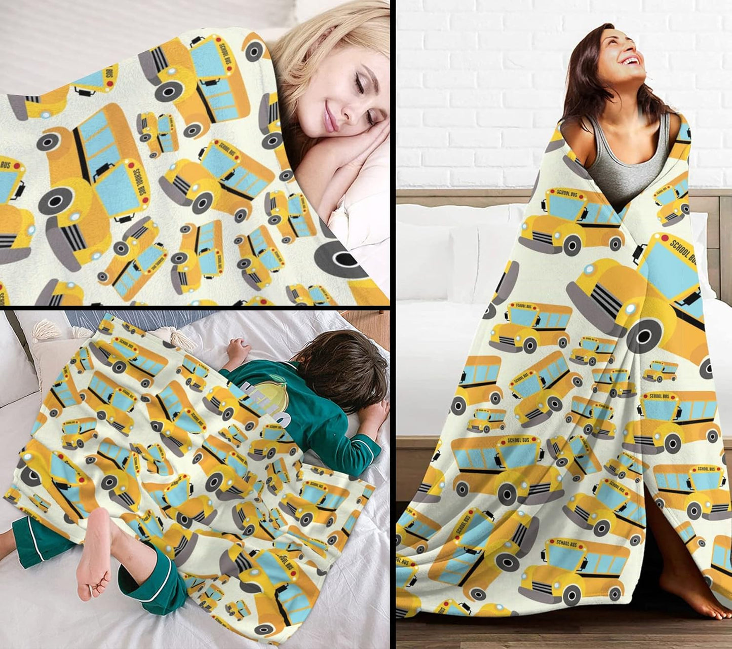 School Bus Soft Flannel Fleece Throw Blanket, Vehicle Illustrations Background Pattern for Kids, Cozy Plush for Indoor and Outdoor Use Lightweight Blanket 60"x80"