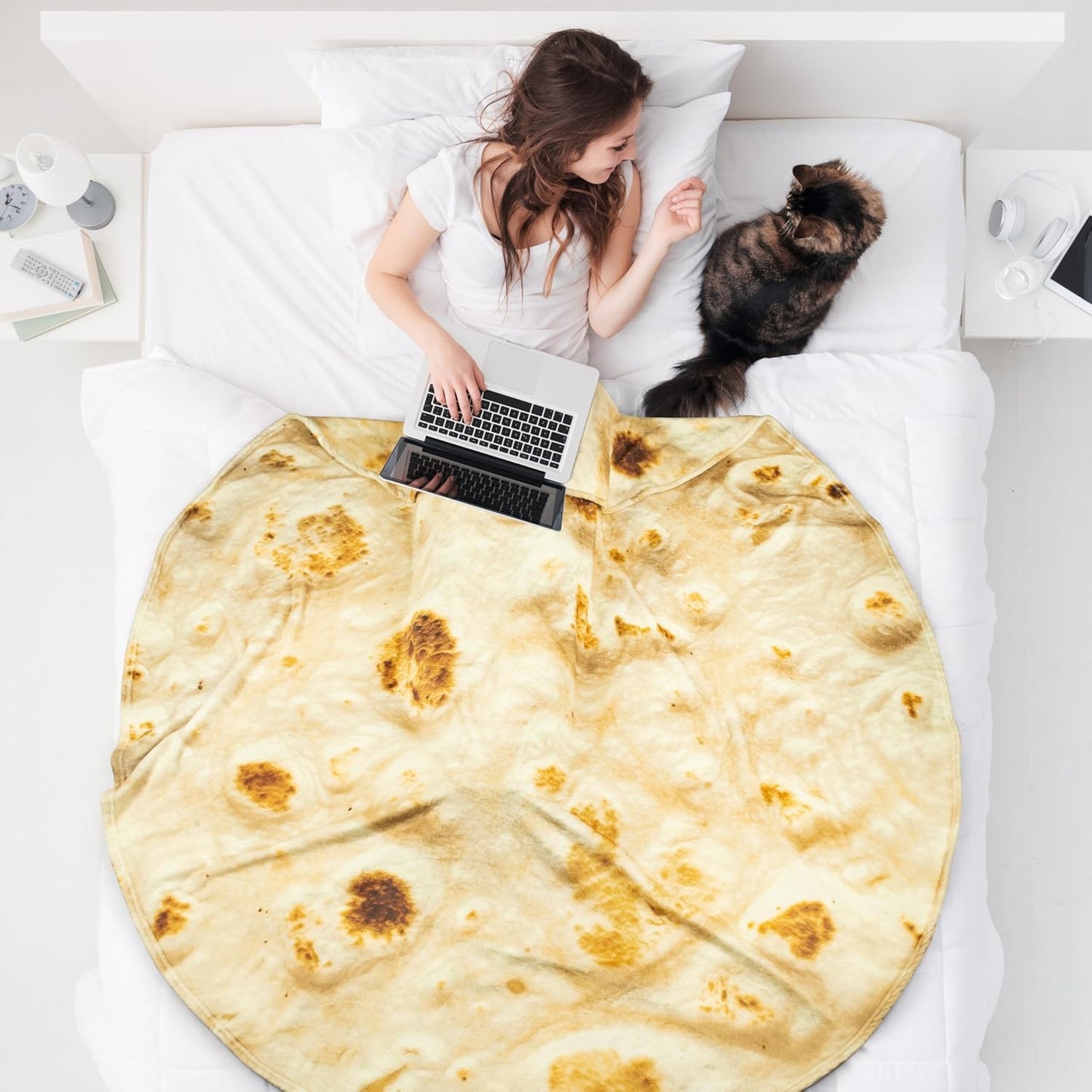 QiyI Burritos Tortilla Throw Blanket for Adult and Kids, 2.0 Double Sided Giant Food Blankets, Funny Tortilla Gifts, 60" Novelty Round Wrap Blanket, 300 GSM Warm Soft Flannel Taco Blanket, Yellow