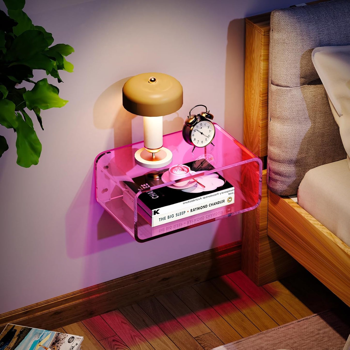 Acrylic Floating Nightstand, Bedside Table, Nightstand Shelf Wall Mounted Bedside Shelf (Pink, Small)