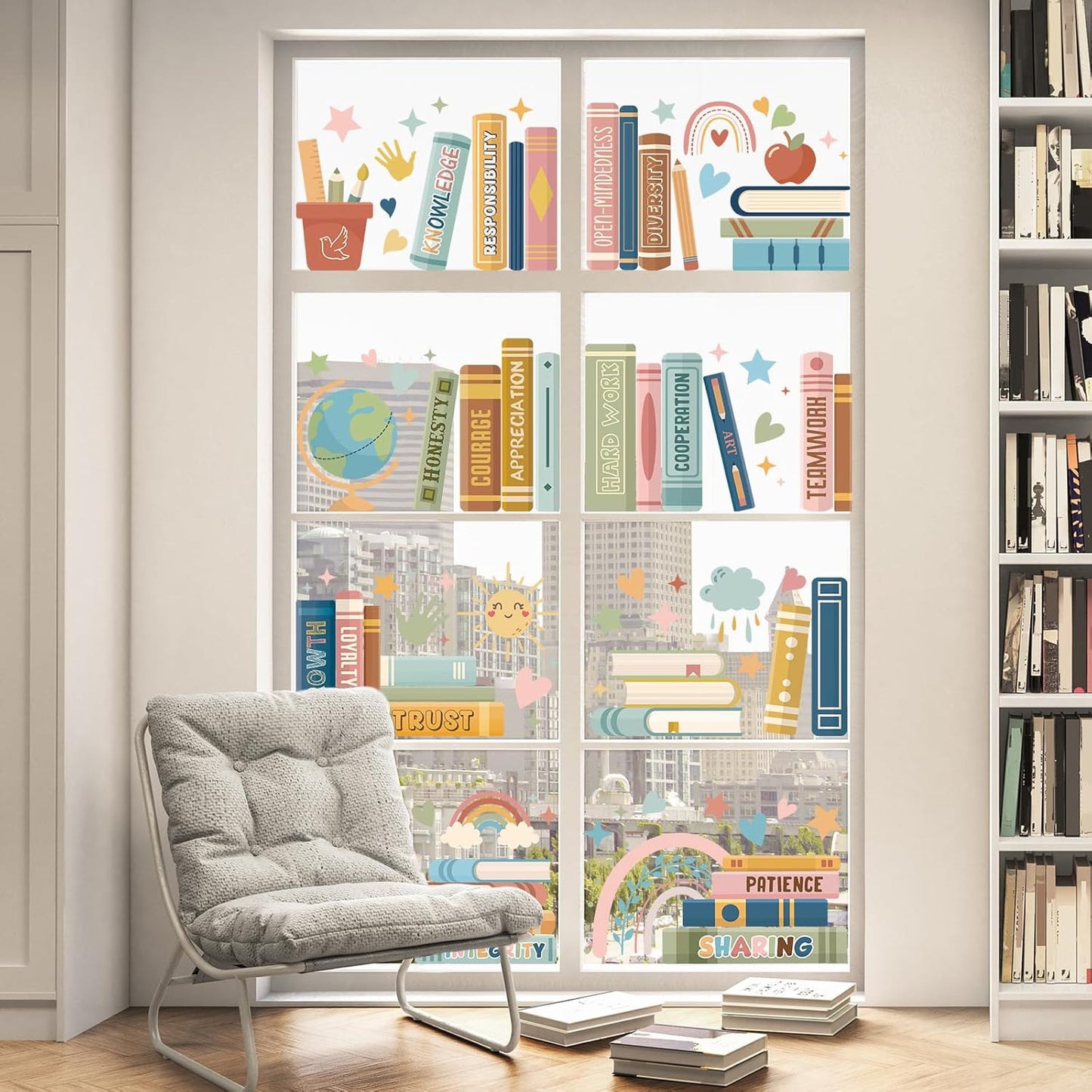9 Sheet Boho Book Window Clings Back to School Window Stickers Inspirational Classroom Bookshelf Glass Decals for First Day of School Party Home Reading Classroom Library Nursery Wall Decor
