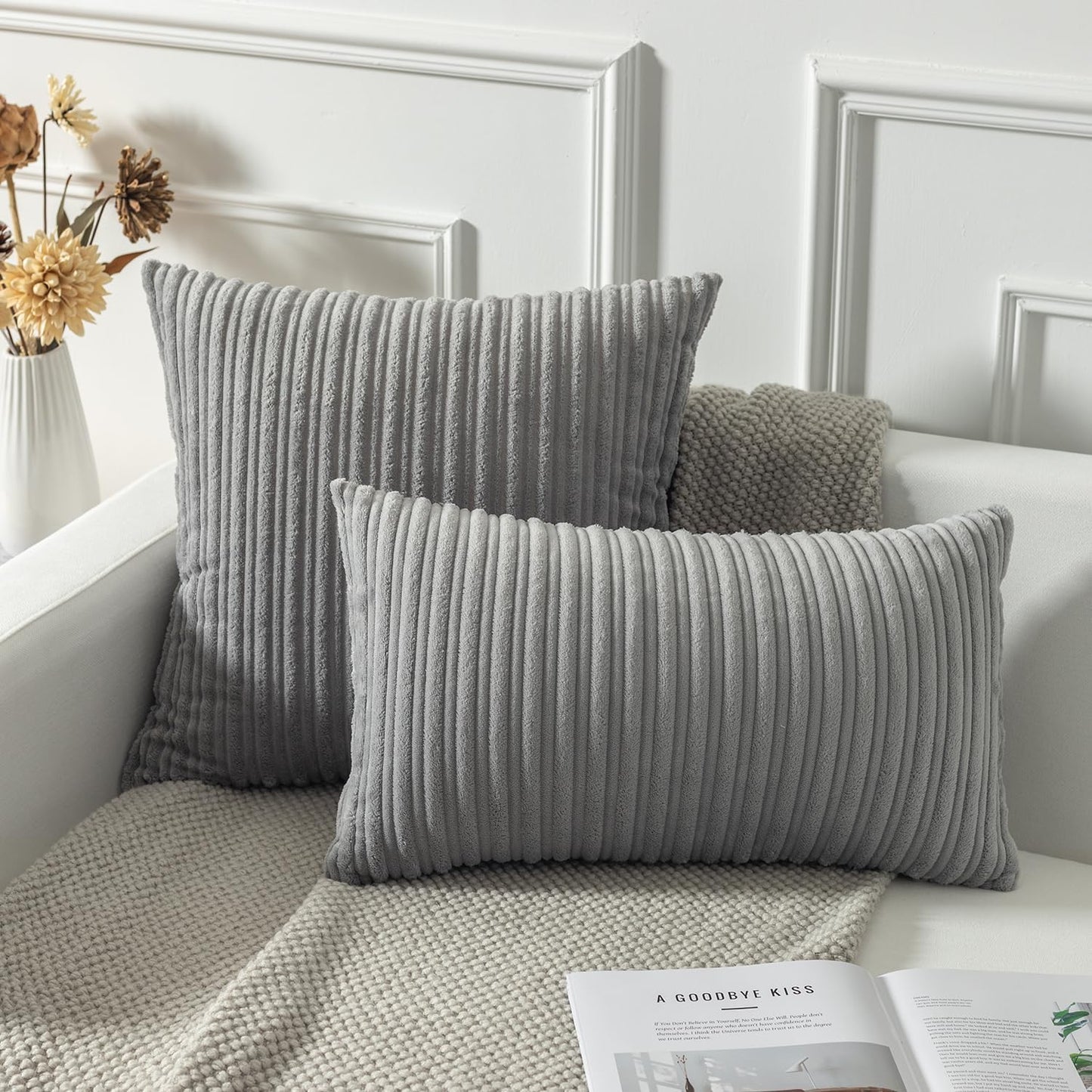 Kevin Textile Decorative Pillow Covers Decor Supersoft Striped Velvet Throw Toss Pillowcase Cushion Cover for Chair, Light Grey, (45x45 cm, 18inch), 2 Pieces