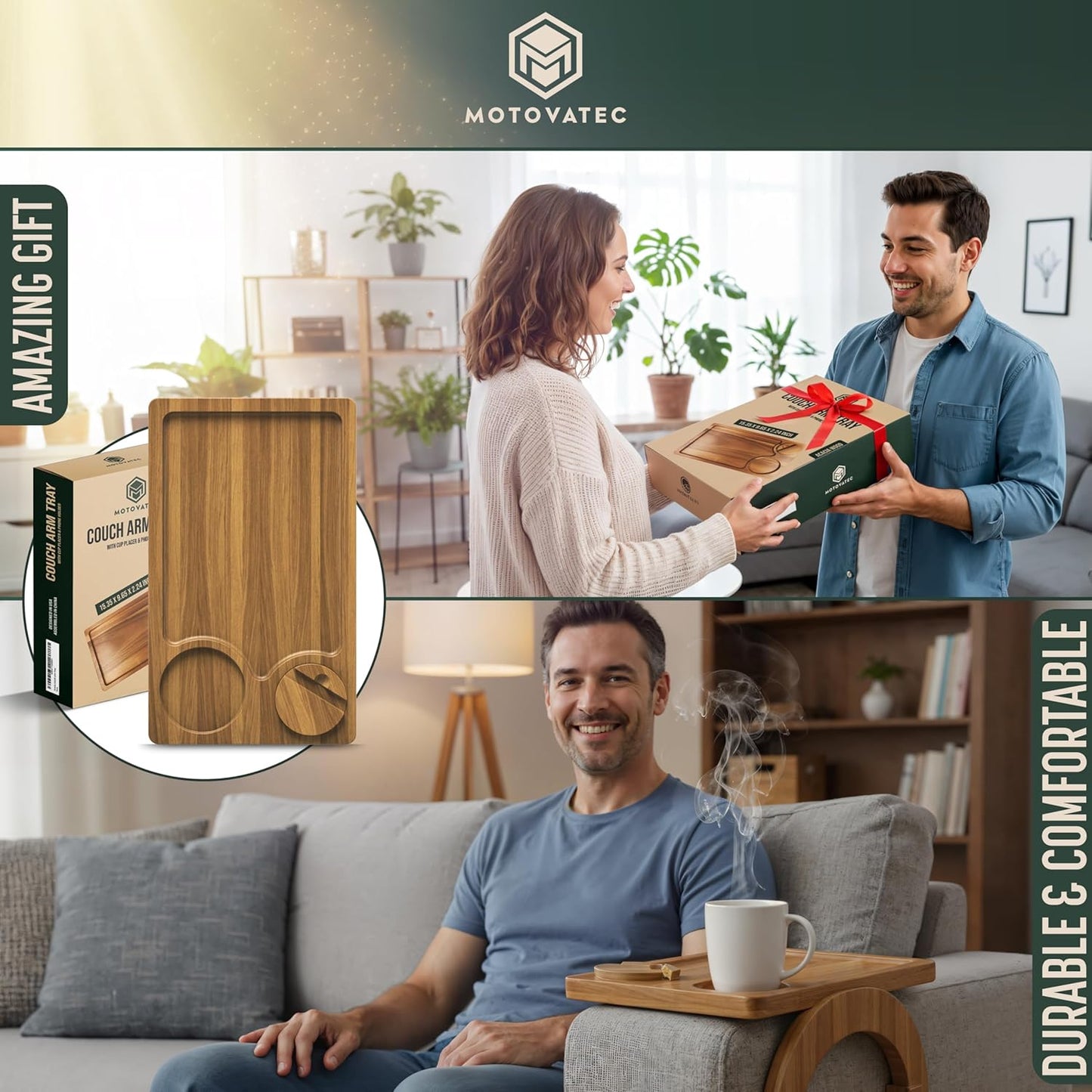 Acacia Wood Sofa Arm Tray - 3-in-1 Couch Arm Table with Phone Holder, Cup Placer & Foldable Tray - Armrest Clip-On Design for Couch with 360° Rotated Phone Holder
