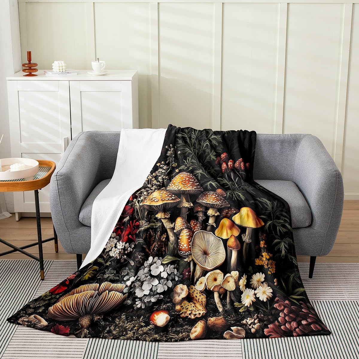 3D Mushroom Printed Throw Blanket Queen 90x90,Mushroom Decor Curtain Blanket,Bohemian Boho Plant Floral Flannel,Wild Botanical Fungus Jungle Room Decor for Adults Girls Women,Black,Soft Lightweight