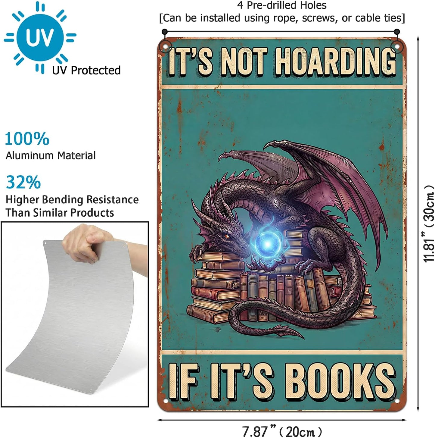 Vintage Dragon Metal Sign It's Not Hoarding If It's Books Funny Book Lover Gifts for Women Men Library Decor Reading Room Bookshelf Aluminum Wall 8x12 Inch