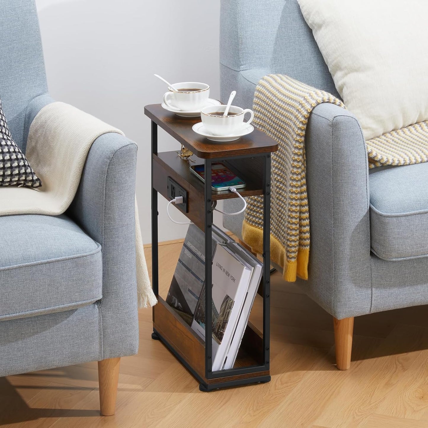 Narrow Side Table With Charging Station, 3-Tier End Table with 2 USB Ports & Power Outlets,Thin Sofa Side Table for Narrow and Small Spaces, Bedside Table Nightstand for Living Room,Rustic Brown