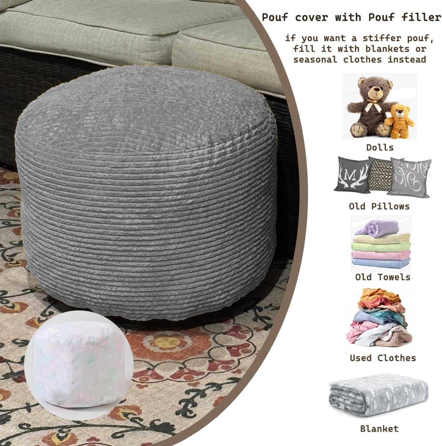 Oslimea Round Ottoman Foot Rest 20 x 15 Foot Stool Ottoman Pouf with Foam Chunk Filling for Living Room, Floor Poufs Foot Rest for Bedroom, Dark Grey Corduroy