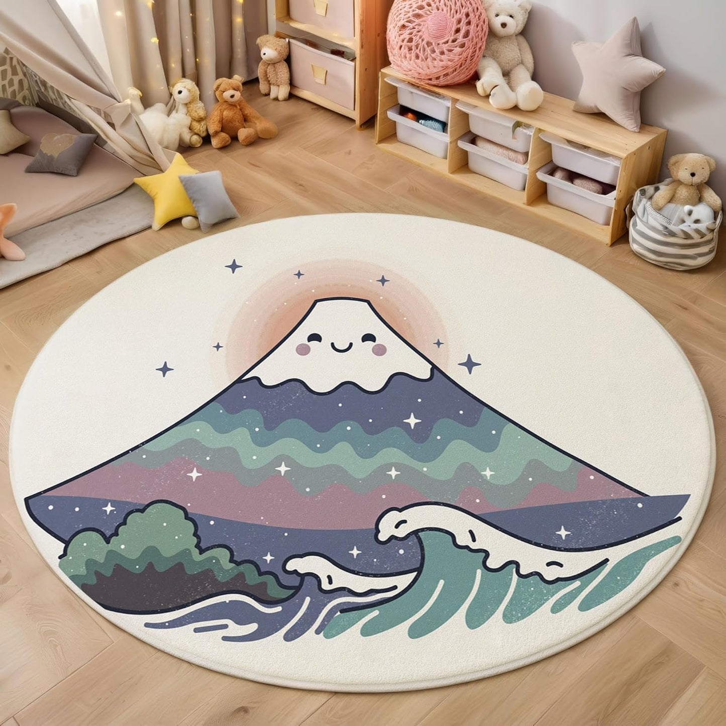 Washable Cute Smiley Face Mount Fuji Area Rug, 5Ft Round Rugs for Living Room Soft Carpet for Bedroom Cartoon Waves Indoor Stain Resistant Non-Shedding Floor Carpet, Beige Blue, 5Ft-Round