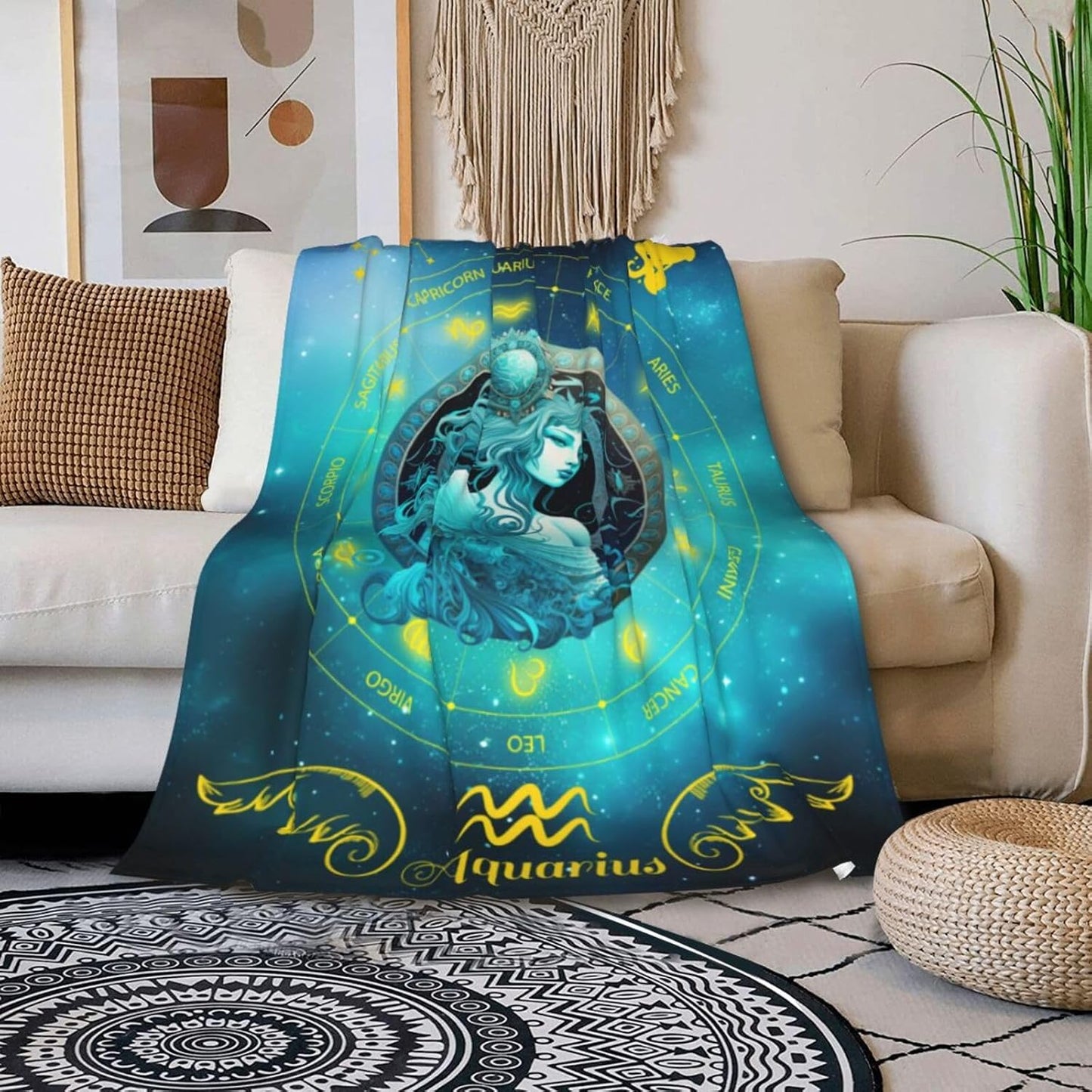 Aquarius Zodiac Blanket, 50" x 40" Flannel Stars Astrology Themed Stuffed Vibrant Throw, Soft Nap Throw Blanket for Home Boys Girls Women Horoscope Lovers Gifts