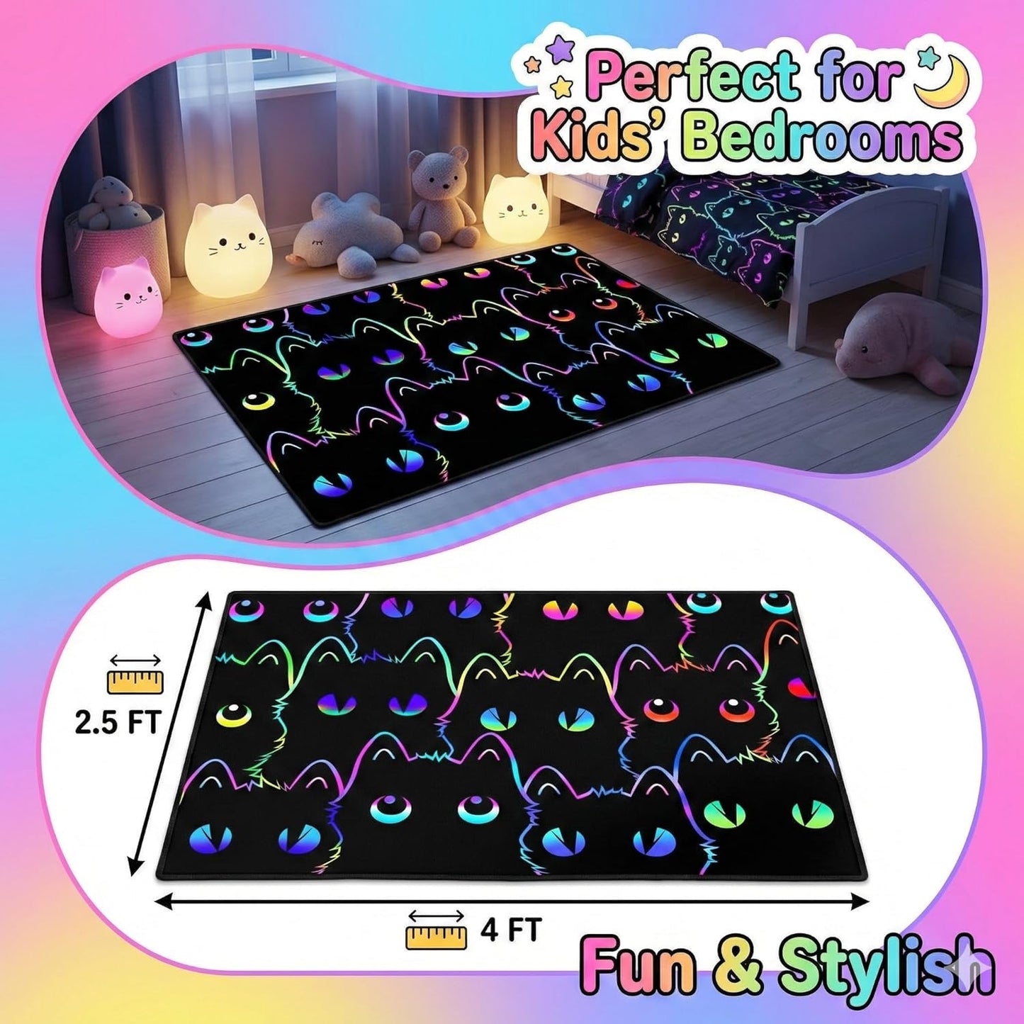 Black Cat Rug 2.5x4 Feet, Cute Cat Area Rug for Kids Room, Non Slip Cartoon Animal Carpet for Boys Girls Bedroom, Playroom, Nursery Home Decor