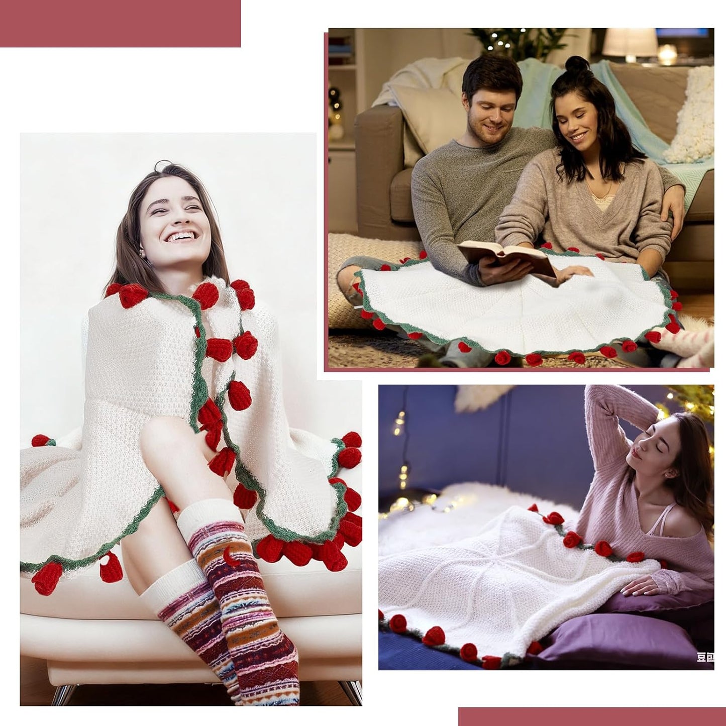 AHANDMAKER 1Pc Handmade Roses Flower Bouquet Blanket Red Roses Knitted Throw 29.9in Round Blanket for Valentine's Day Home Decor Christmas Wedding for Mom Women