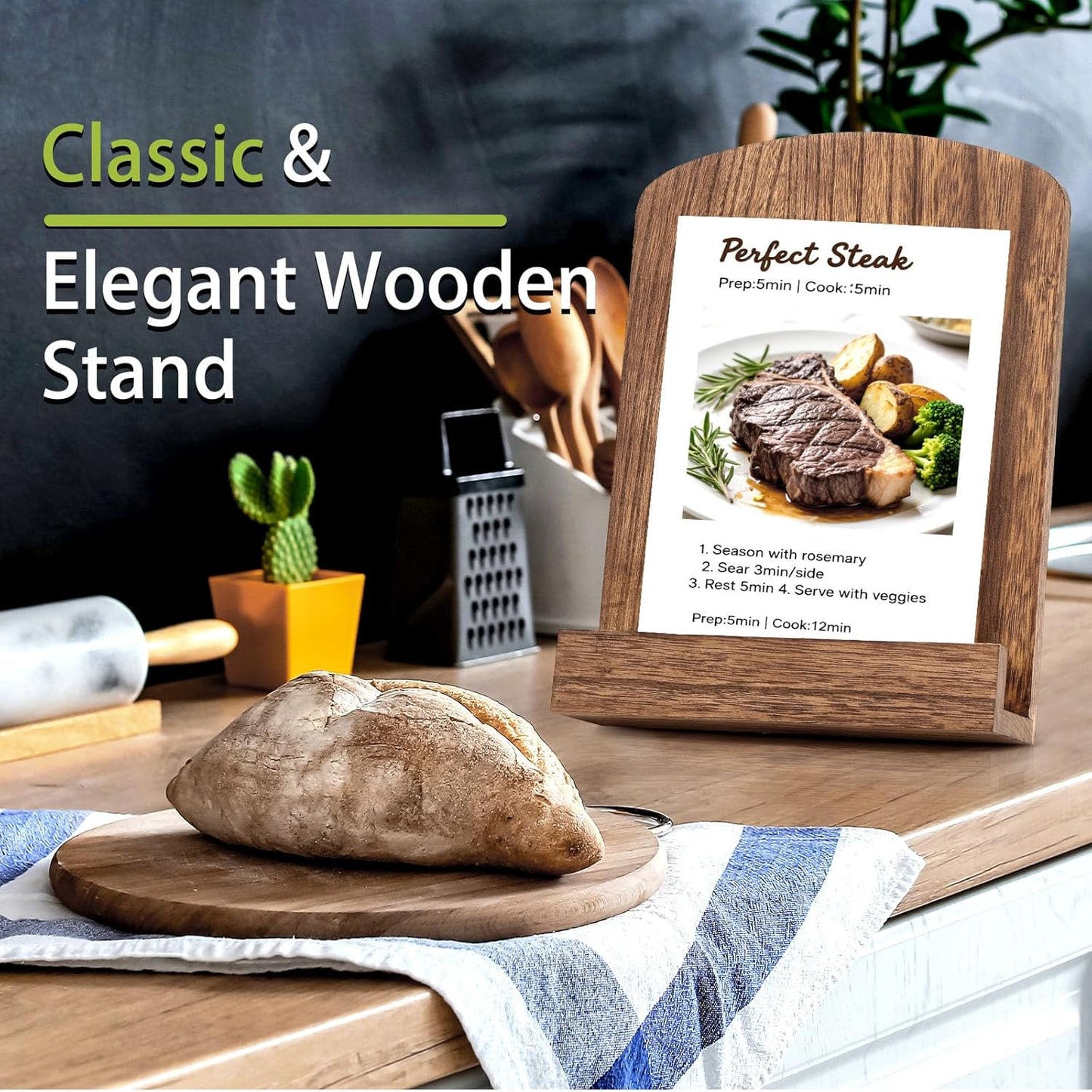 Cookbook Stand for Kitchen Counter, Solid Wood Recipe Book Holder Cook Book Stand with Adjustable Angle for Convenient Cooking, Perfect for Kitchen Countertop Decor