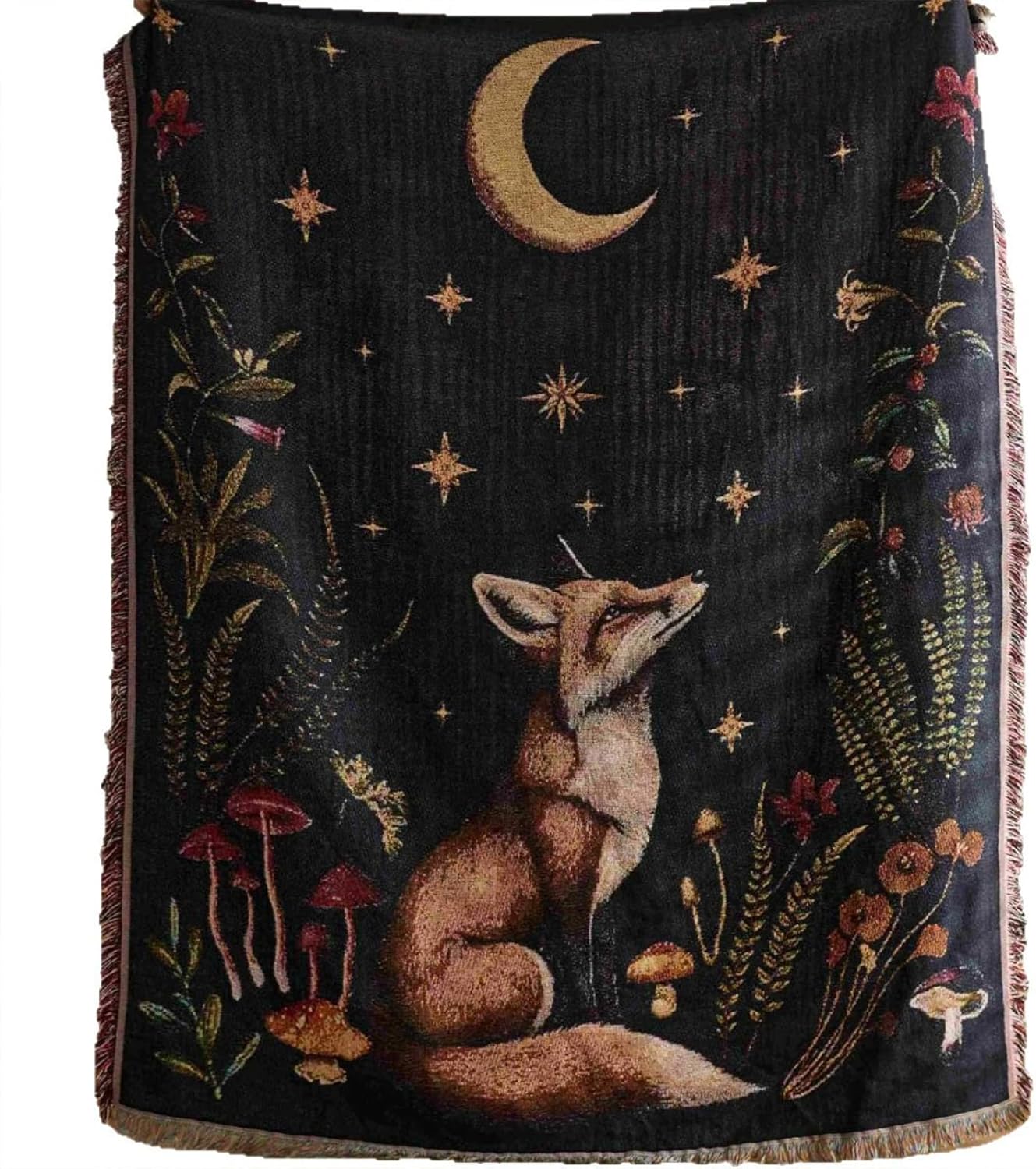 Mystical Fox Moon & Stars Woven Throw Blanket, Floral Tapestry Blanket with Fringe, Cozy Decor for Sofa, Bed, Living Room