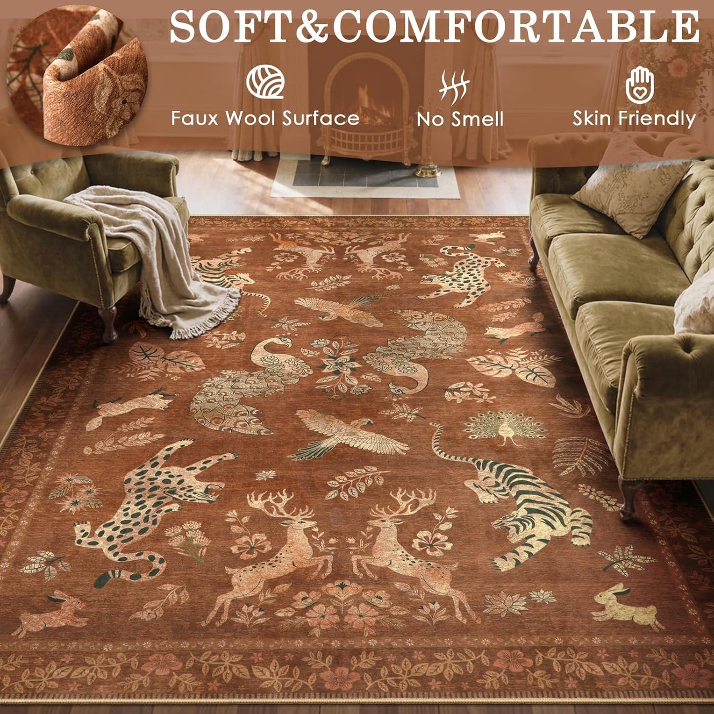 Moynesa Vintage Living Room Rug 8x10, Washable Area Rugs for Dining Room Under Kitchen Table, Bedroom, Oriental Stain Resistant Non Slip Large Indoor Carpets (8x10 Terracotta)