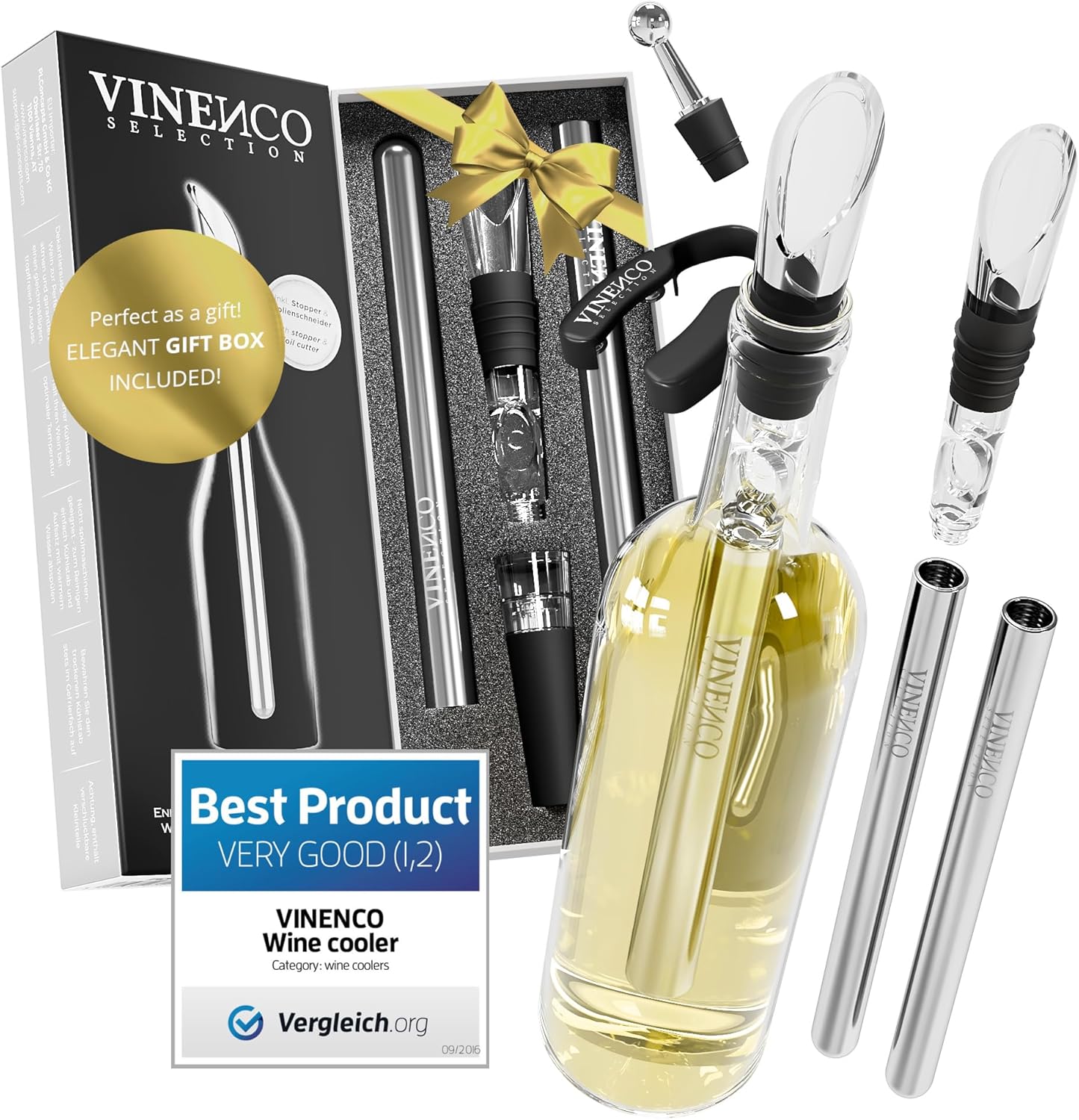 Wine Chiller Set & Chill Rods + Foil Cutter, Stopper, Ebook - Premium 7in1 Stainless Steel Bottle Cooler Stick, Decanting Aerator & Drip-Free Pourer | Bar Gift Men Women