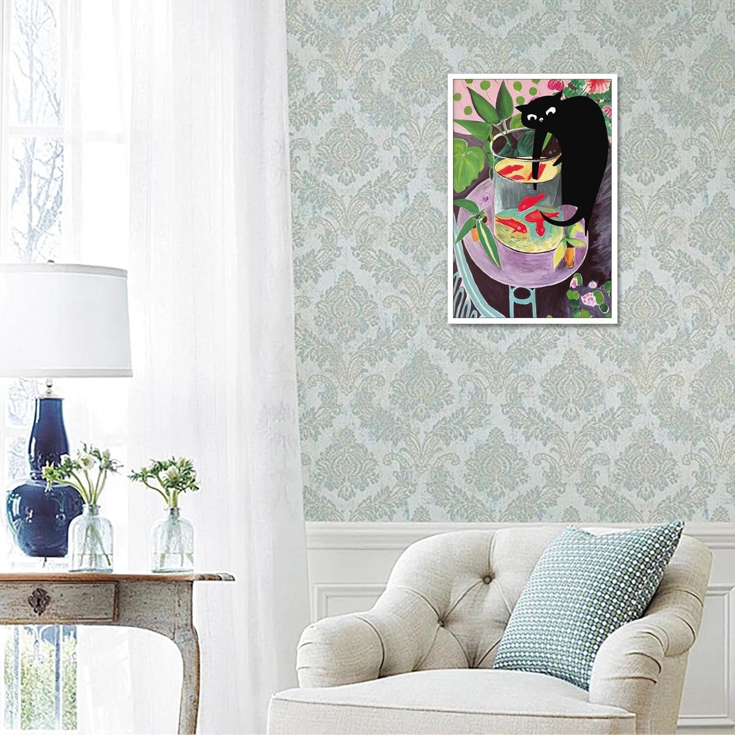 TYOHU Retro Matisse Goldfish And Cat Posters Trendy Funny Black Cat Wall Art Prints Cute Colorful Table Goldfish Prints Painting For Home Bedroom Dorm Wall Decor 12x16in Unframed