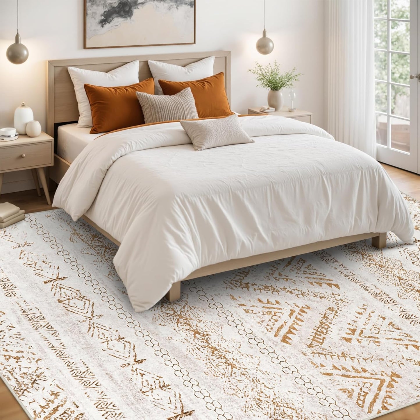 Area Rug Living Room Carpet: 5x7 Large Moroccan Soft Fluffy Geometric Washable Bedroom Rugs Dining Room Home Office Nursery Low Pile Decor Under Kitchen Table Light Brown/Ivory