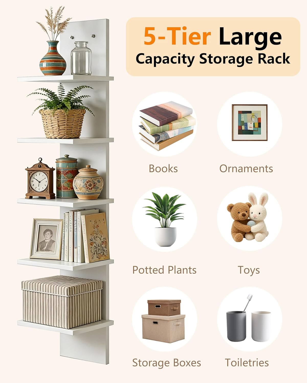 Ladder Shelf, 5-Tier Wall Mounted Bookshelf, Modern Simple Storage Rack,Easy to Install, for Living Room, Bedroom & Study, White