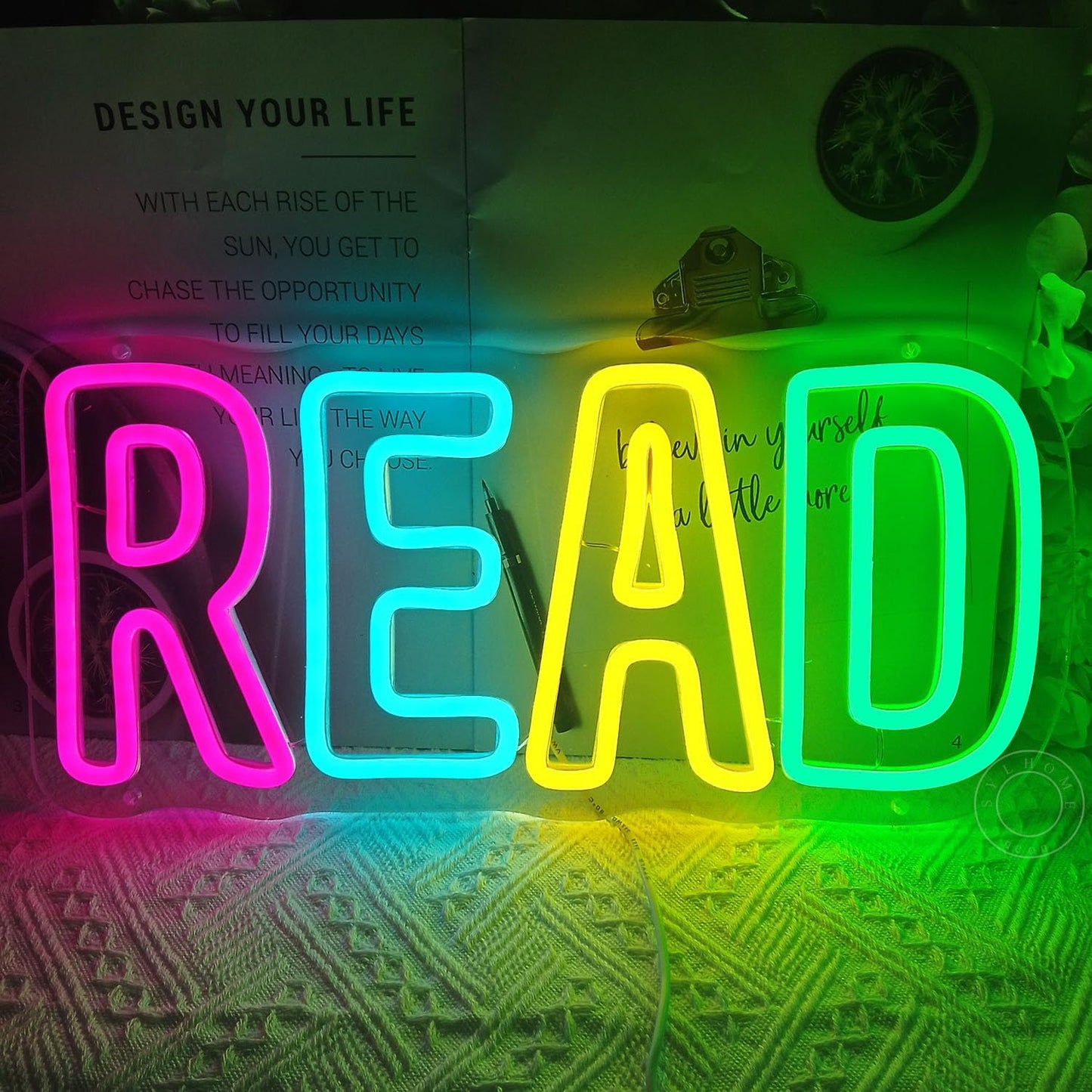 SYLHOME Read Led Neon Light Sign Library Classroom Bedroom Kids Room Funny Colorful Book Wall Sign Decor Nursery Christmas Birthday Decoration USB 15.75"X7.32"